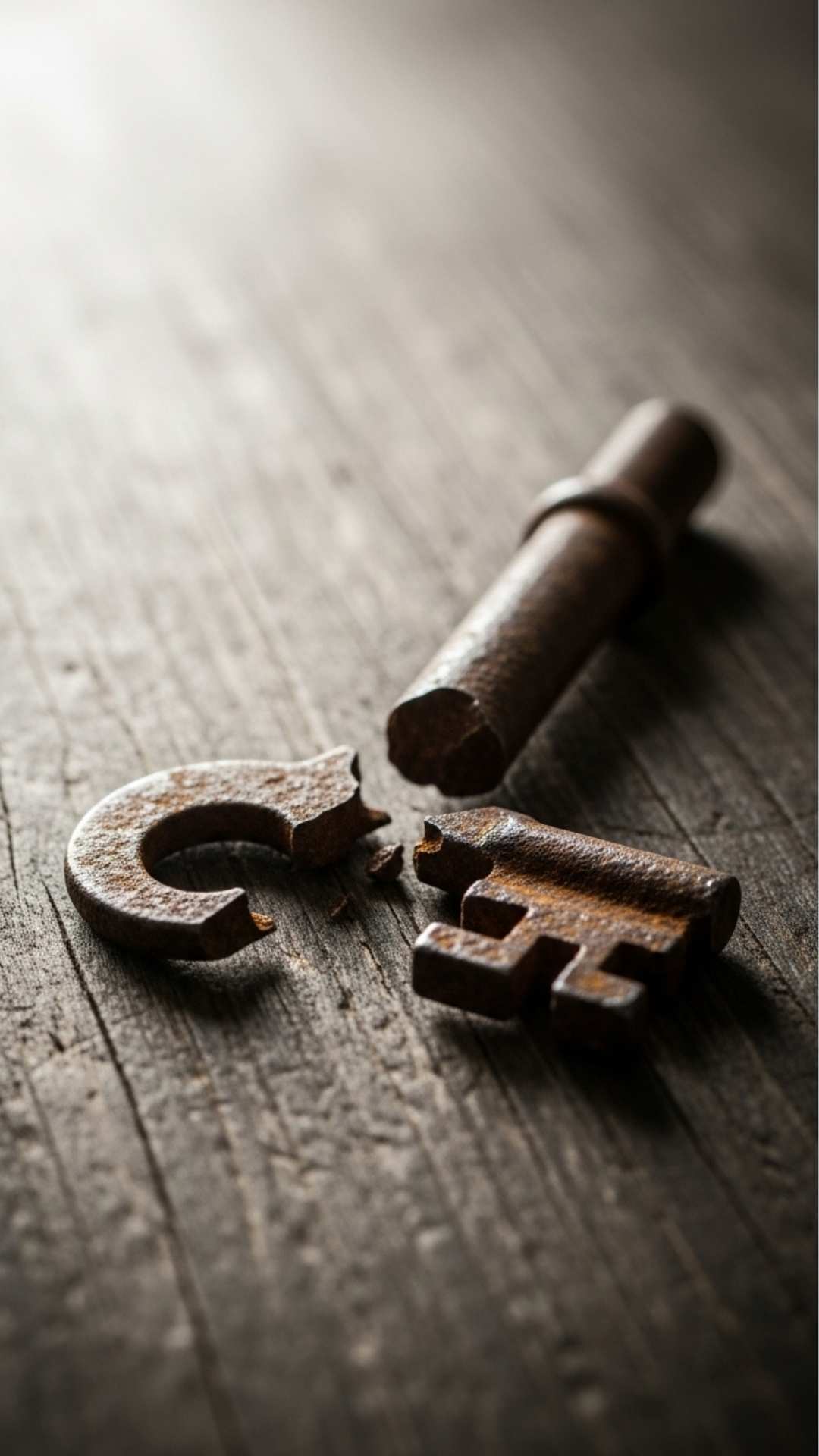 Rusty broken key on worn wooden surface, symbolizing lost opportunity or severed bond. Sad DP, broken key, symbolism