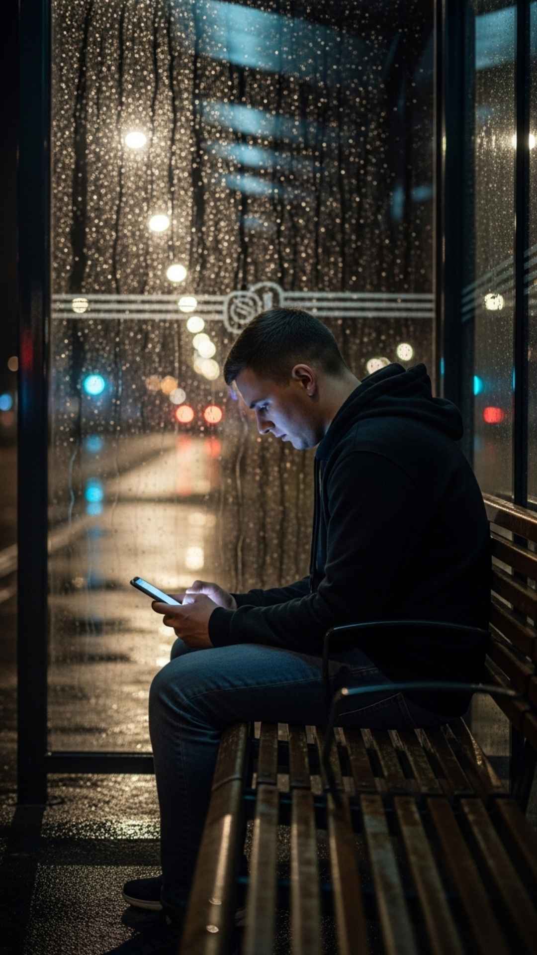 Sad boy DP sitting alone at a rainy bus stop at night, feeling lost.