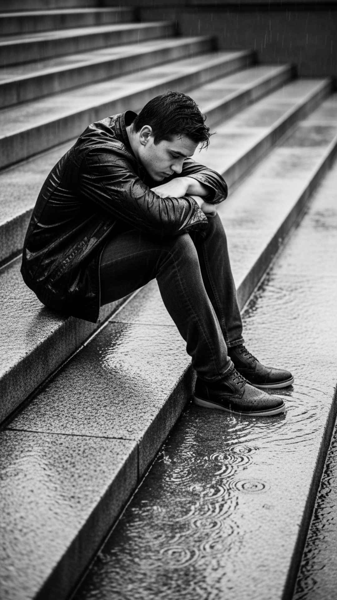 Sad DP for boys featuring a young man sitting alone on wet steps in the rain, black and white photo