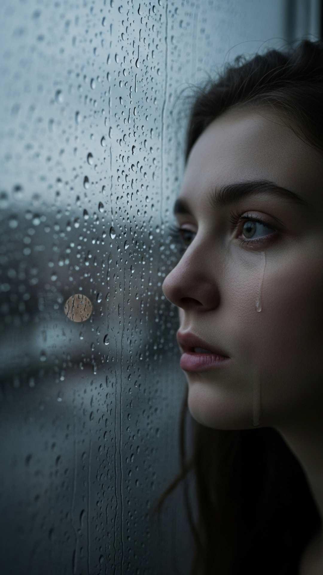 A sad DP of a girl's reflection in a rainy window at night, expressing a mood of melancholy and introspection for a WhatsApp profile picture