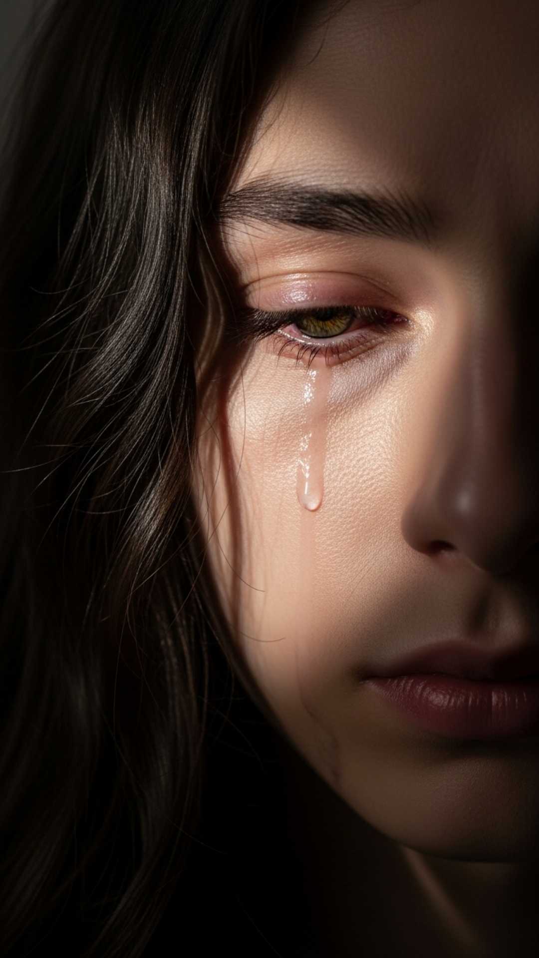 Close-up of sad eye with a tear, face partially hidden by dark hair, conveying deep sorrow. Sad DP, crying, emotional.