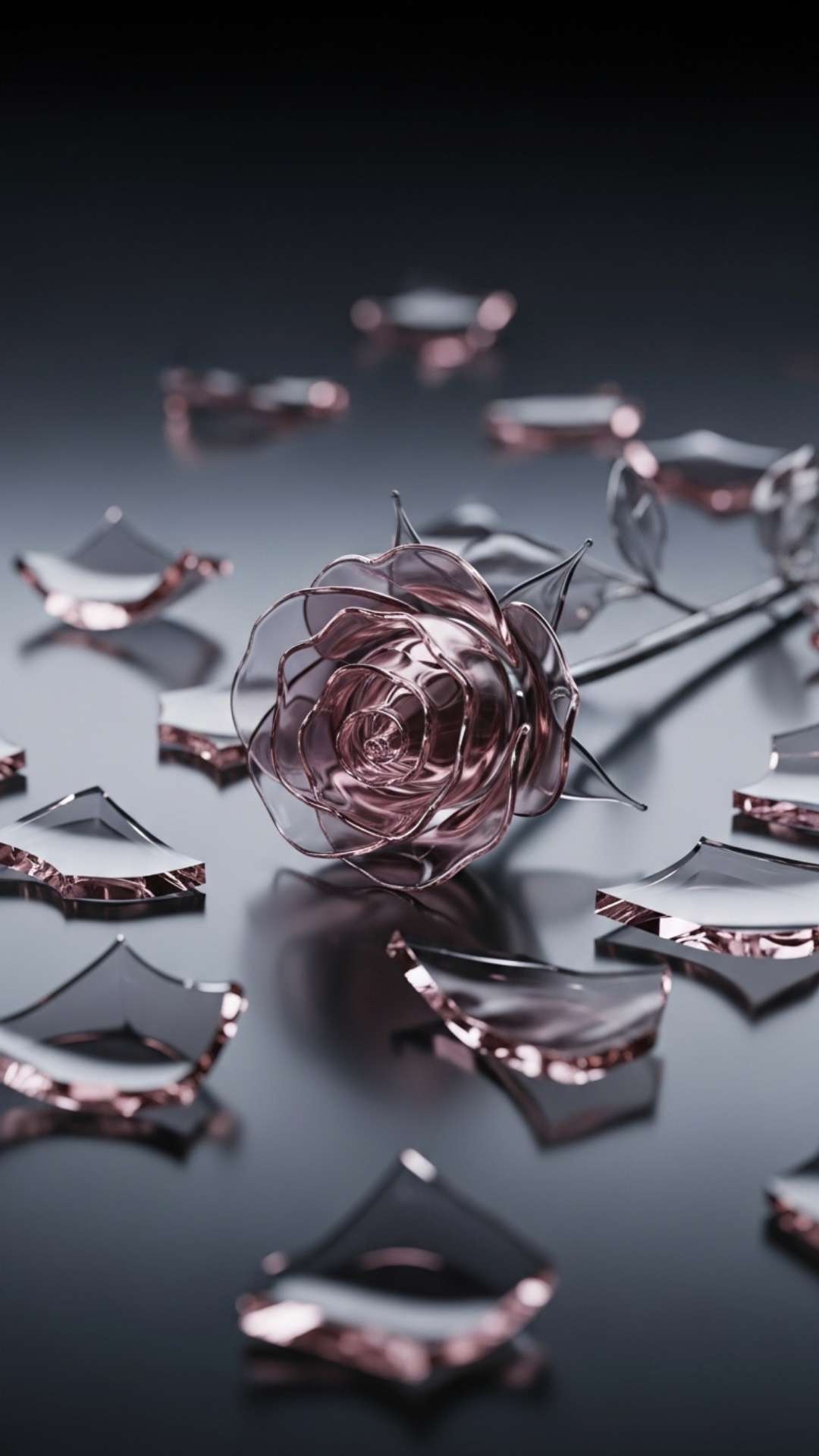 Shattered glass rose on dark surface, delicate fragments, symbolizing broken beauty and loss. Sad DP, broken, metaphor