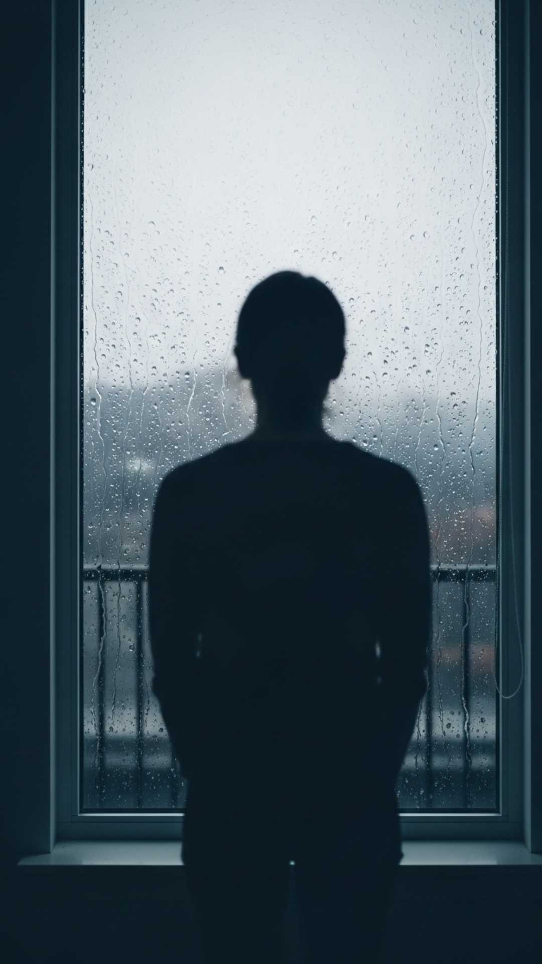 Lonely silhouette gazing through a rain-streaked window, evoking inner sadness. Sad WhatsApp DP, contemplative mood, privacy-focused image.