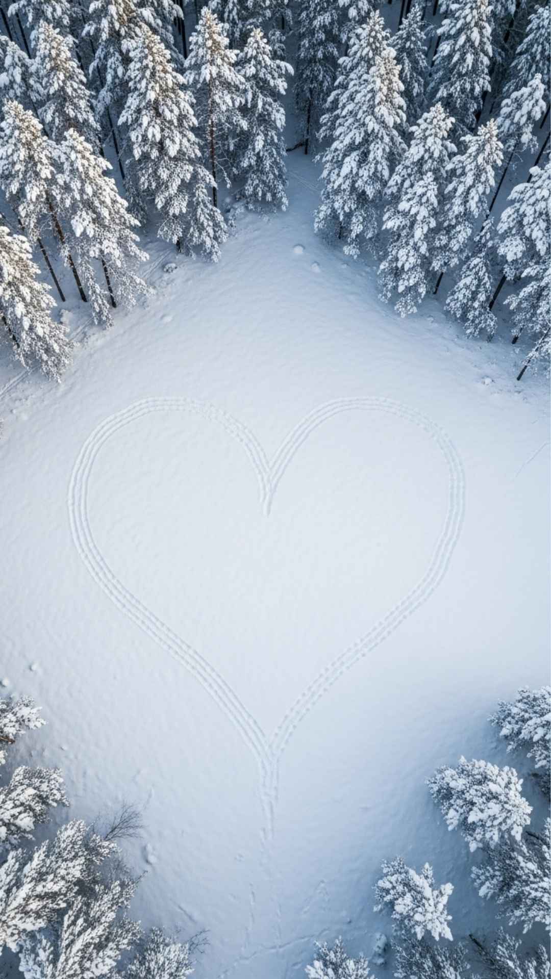 An aerial photo of a large heart shape carved into a snowy field with footprints.