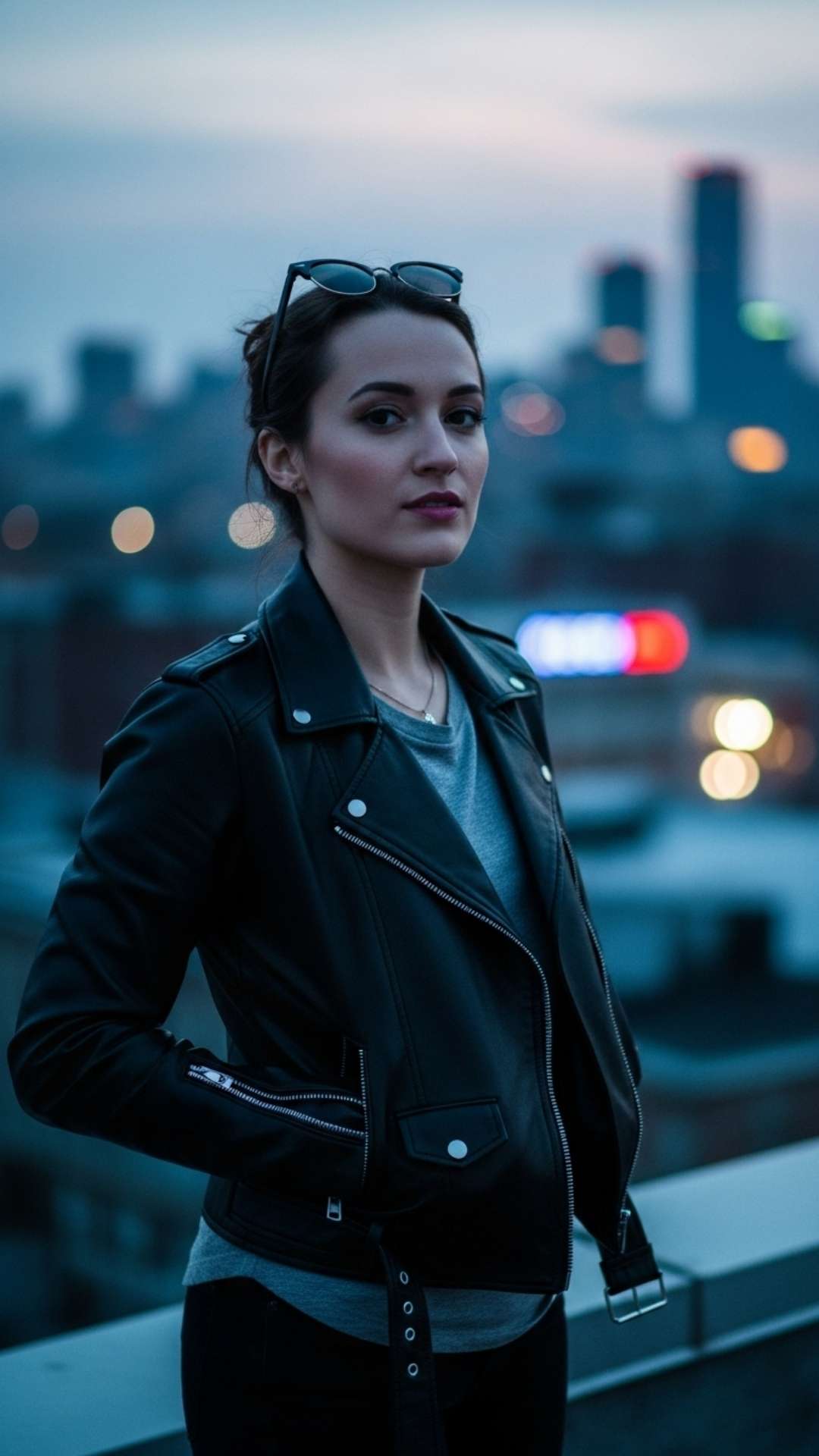 A stylish girl in a leather jacket posing for an attitude WhatsApp DP on a city rooftop at dusk, showcasing an independent and modern style.
