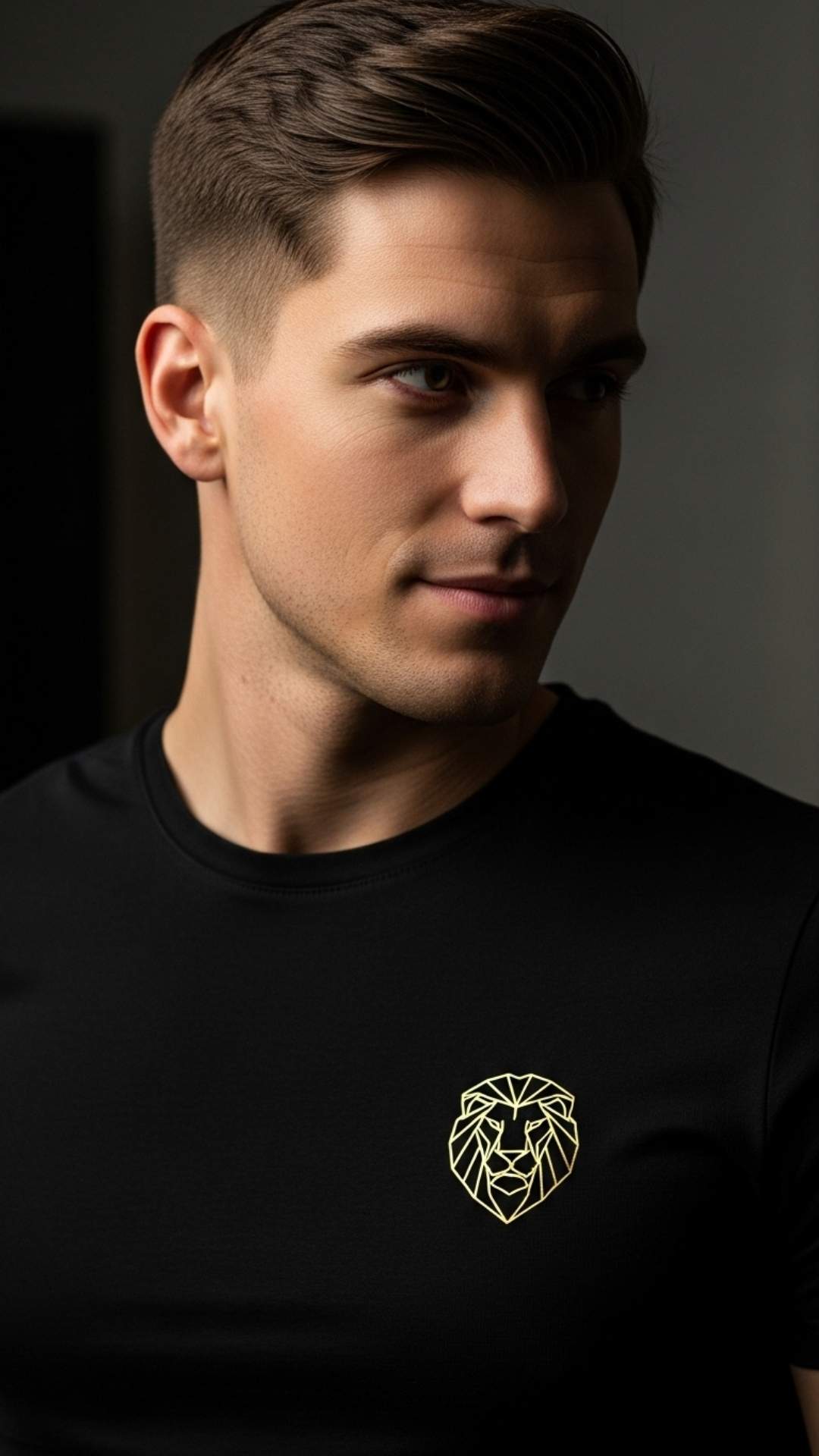 Stylish boy's DP wearing a black t-shirt with a golden lion emblem