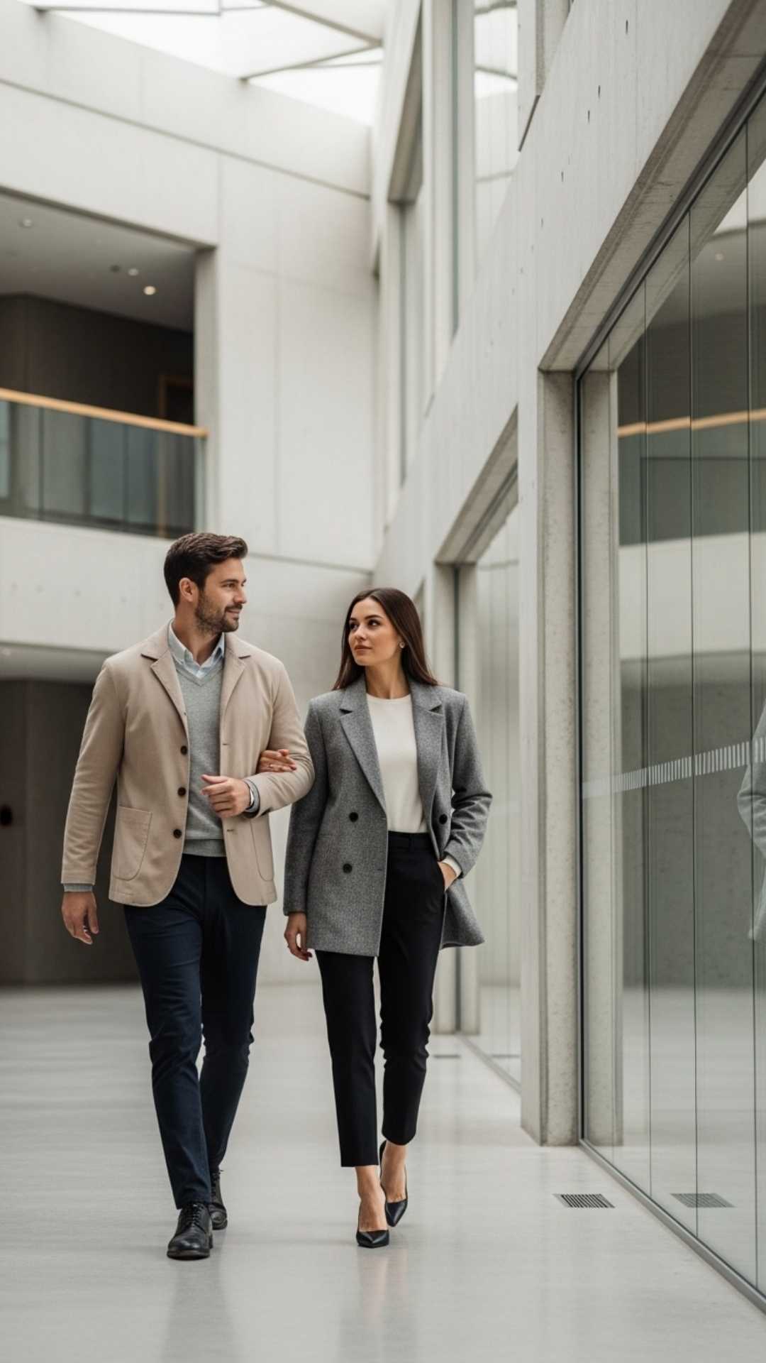 A confident and stylish couple walking together inside a modern, minimalist architectural space, showcasing partnership and ambition.