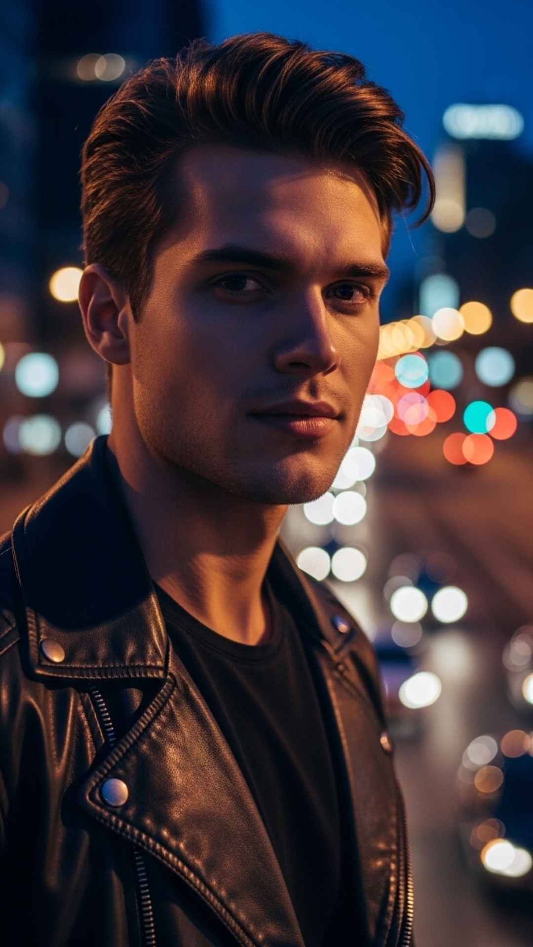 A stylish young man in a leather jacket posing for a WhatsApp DP for boys, with cinematic lighting and a blurred city night background.
