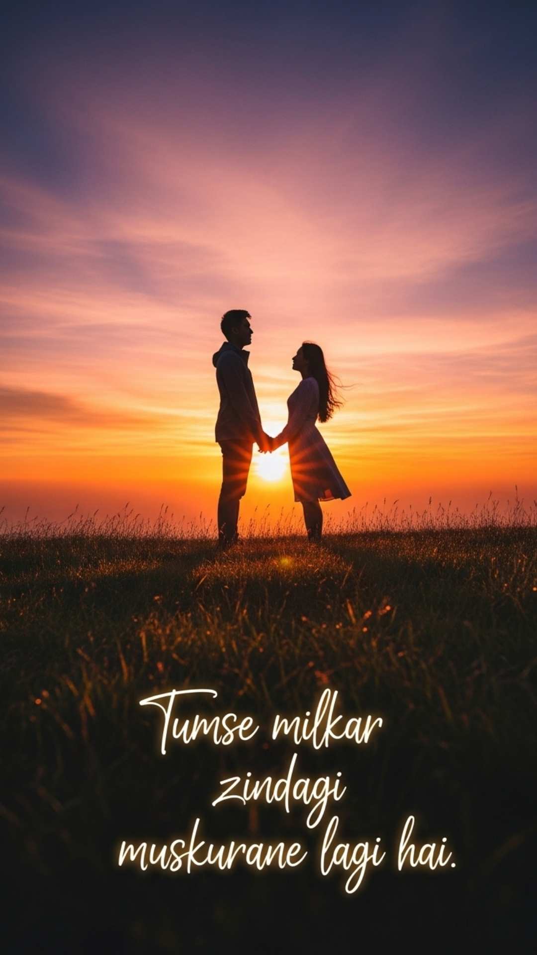 A couple silhouetted against a sunrise, with a Hindi love quote written in the foreground.