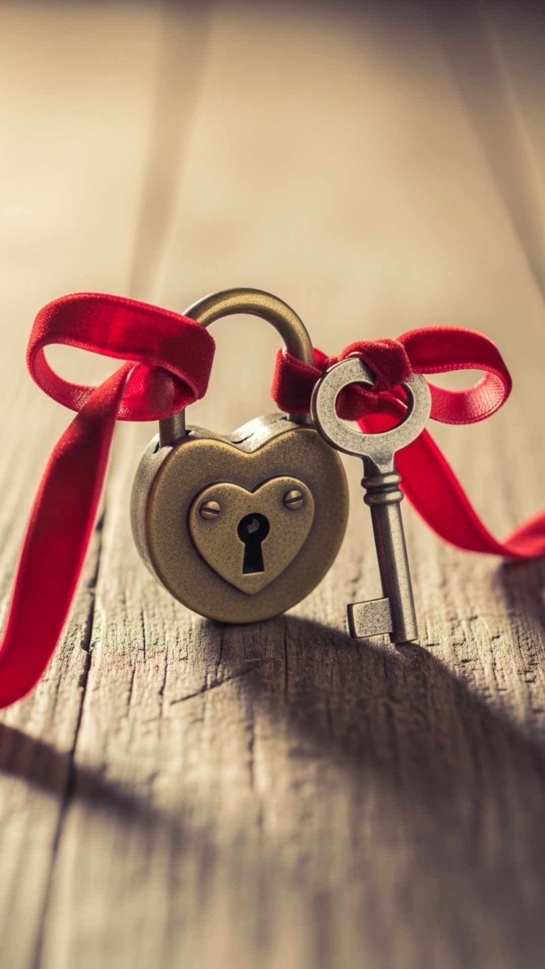 An antique lock and key with a heart keyhole on a wooden table