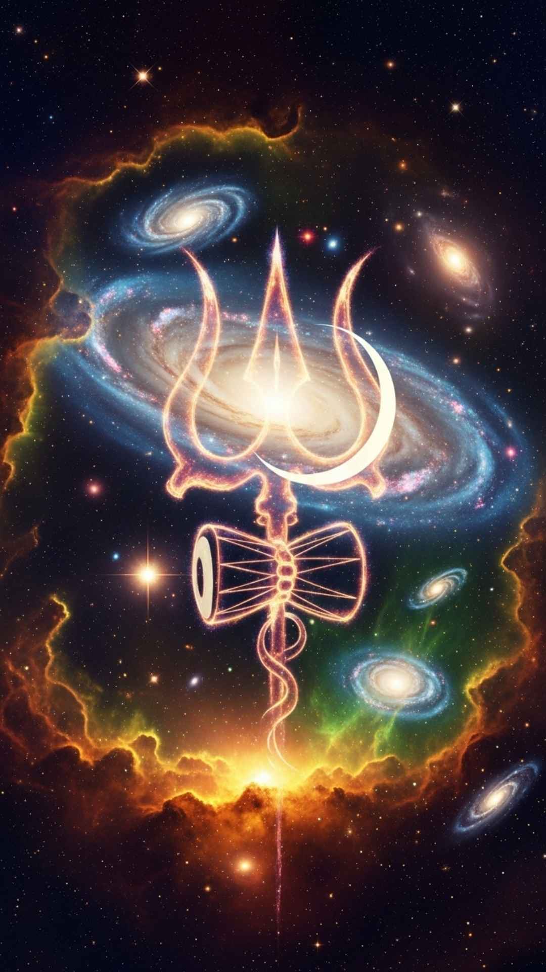 An artistic image of Lord Shiva's Trishula formed from a cosmic nebula for a religious WhatsApp DP