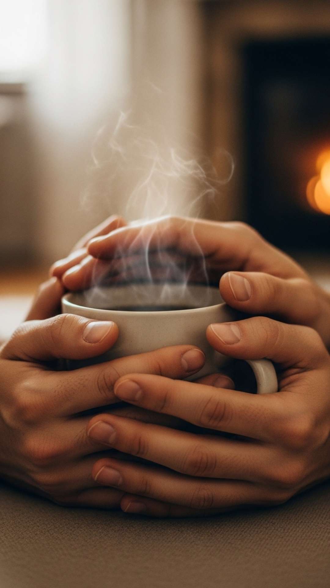 A close-up of two hands around a coffee mug, a subtle and romantic WhatsApp DP for couples.