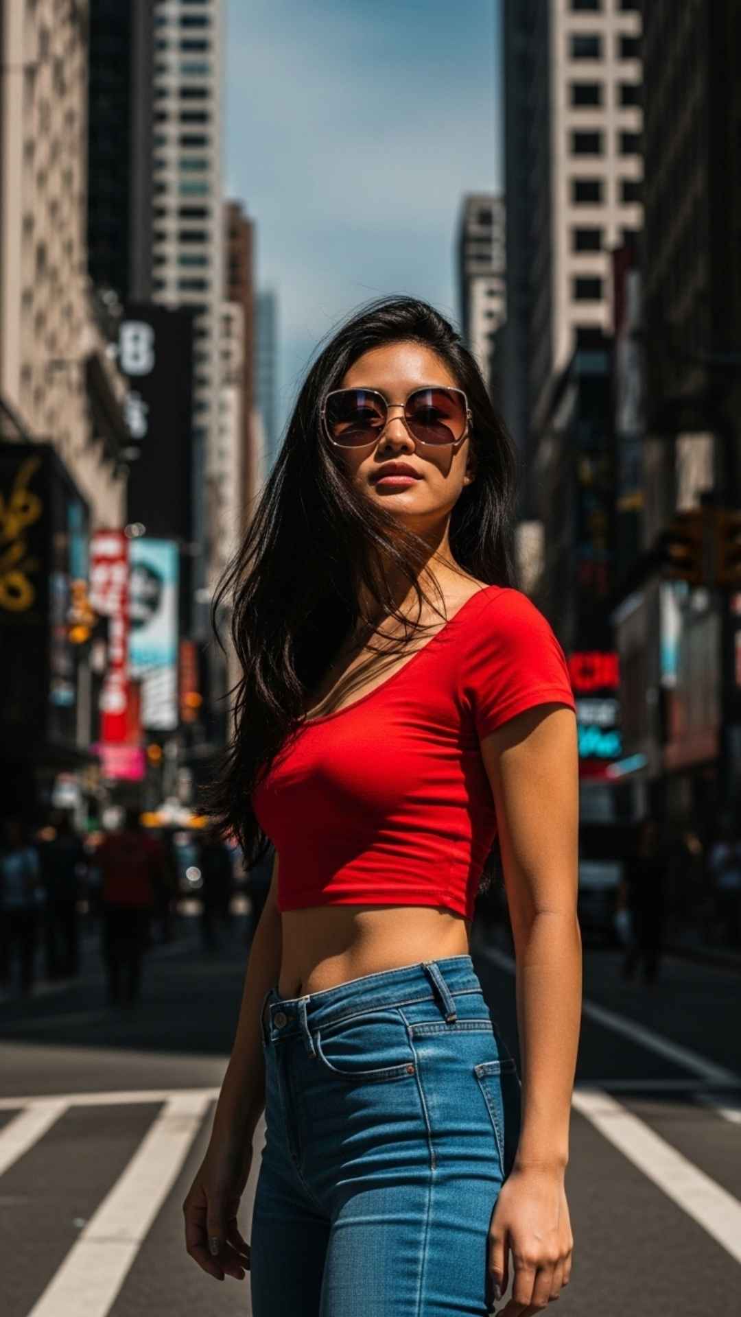 Stylish girl with sunglasses on a city street, ideal for a cool WhatsApp DP