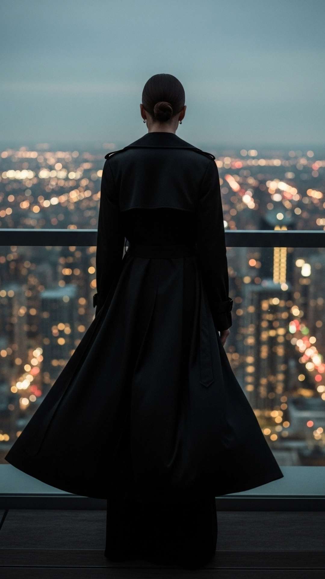 A stylish woman in a black coat overlooking a city, an example of a confident DP for girls