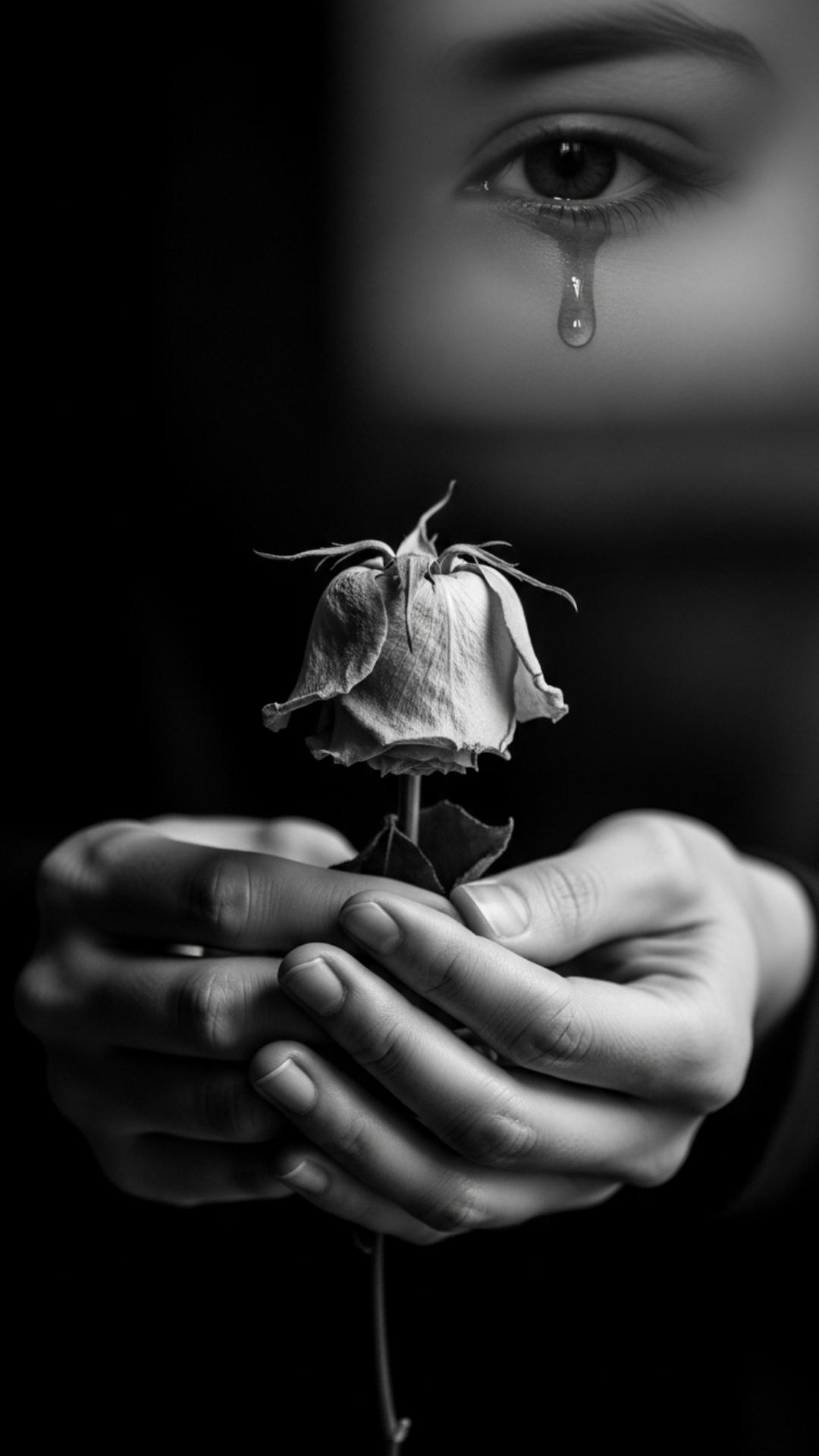 A black and white photo of a person's hands holding a wilted rose, with a tear in the reflection.