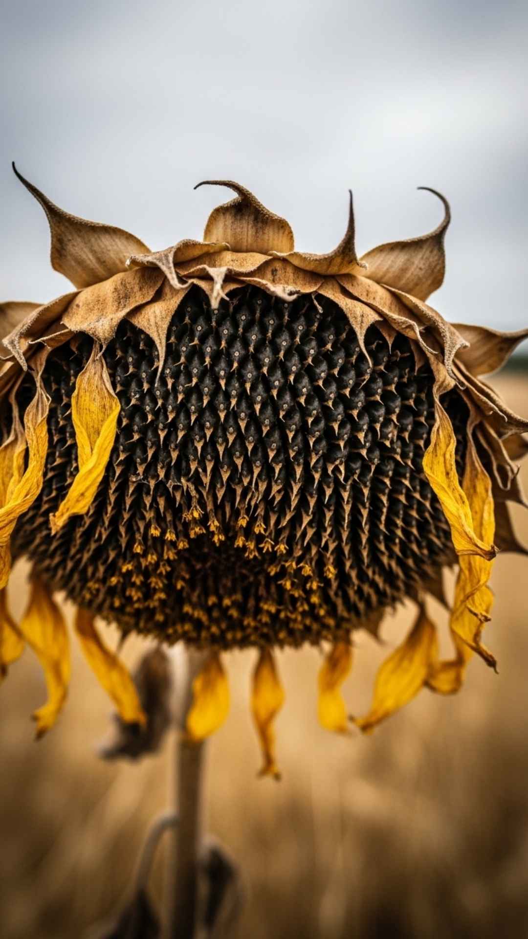 Withered, dried sunflower head with shriveled petals, symbolizing lost vitality and faded hope. Sad DP, withered flower, decay