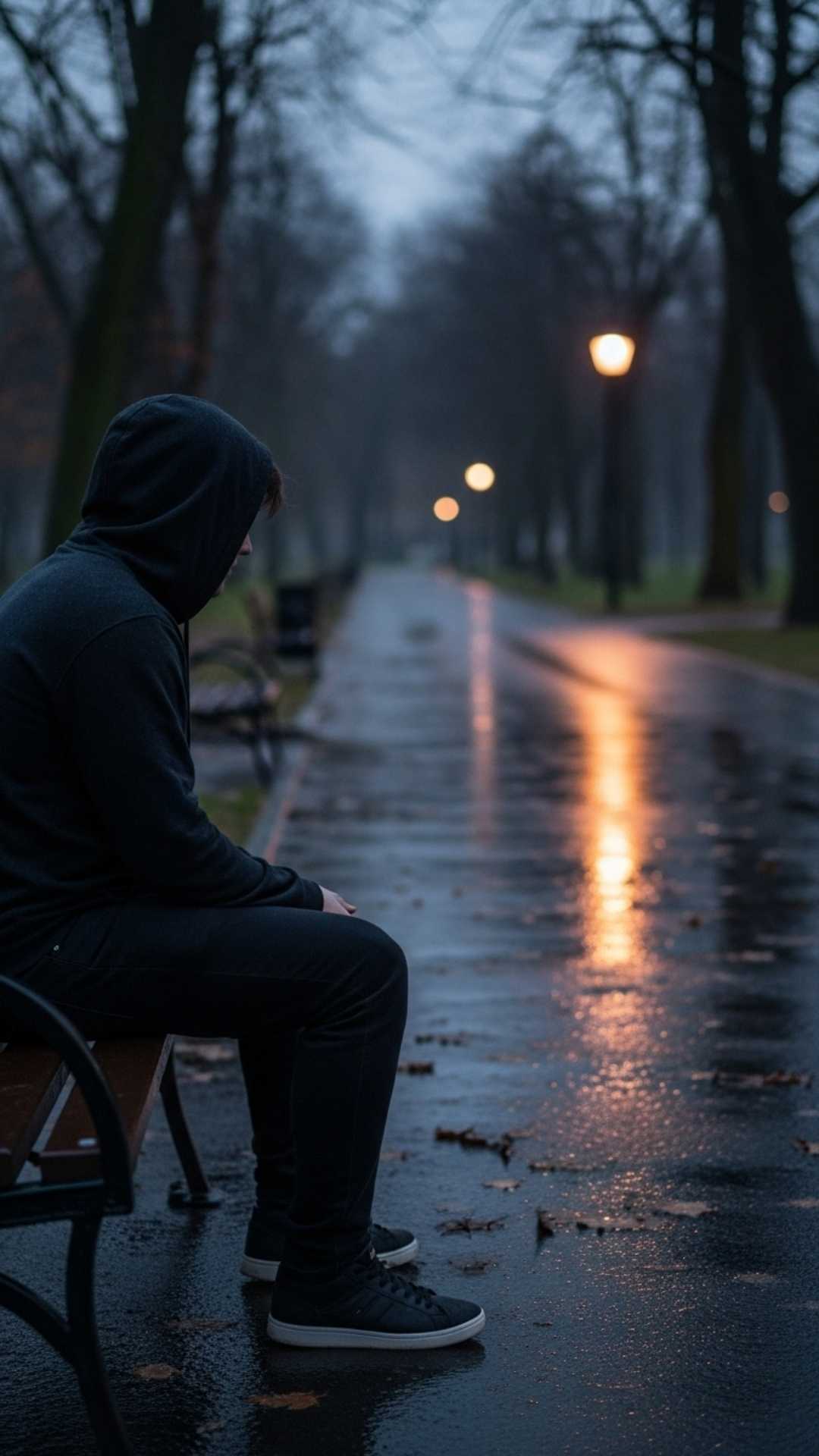 Young man in dark hoodie sitting alone on wet park bench at dusk, back partially turned, conveying melancholic solitude. Sad DP, lonely