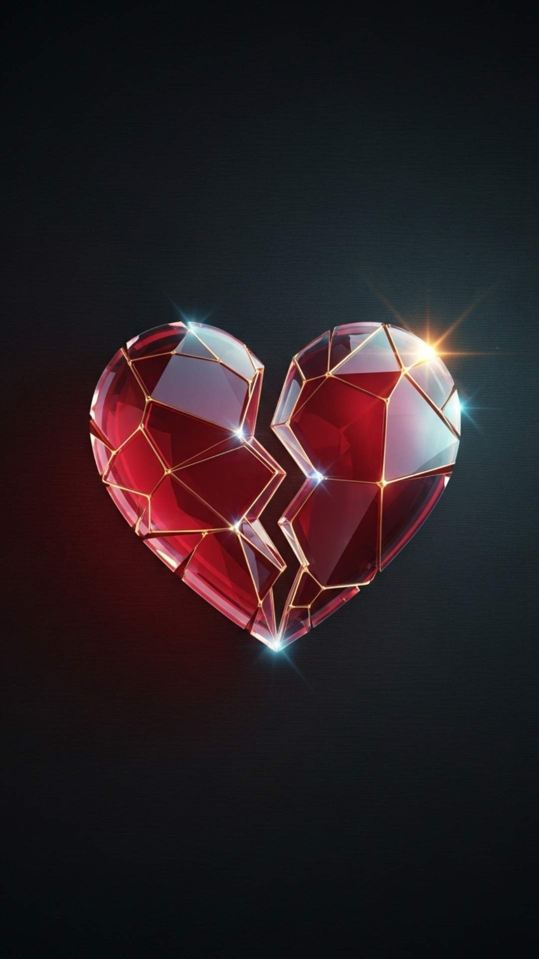 An artistic, abstract illustration of a stylized, cracked glass heart on a dark background. Light glows from the cracks, suggesting sadness with a hint of hope.