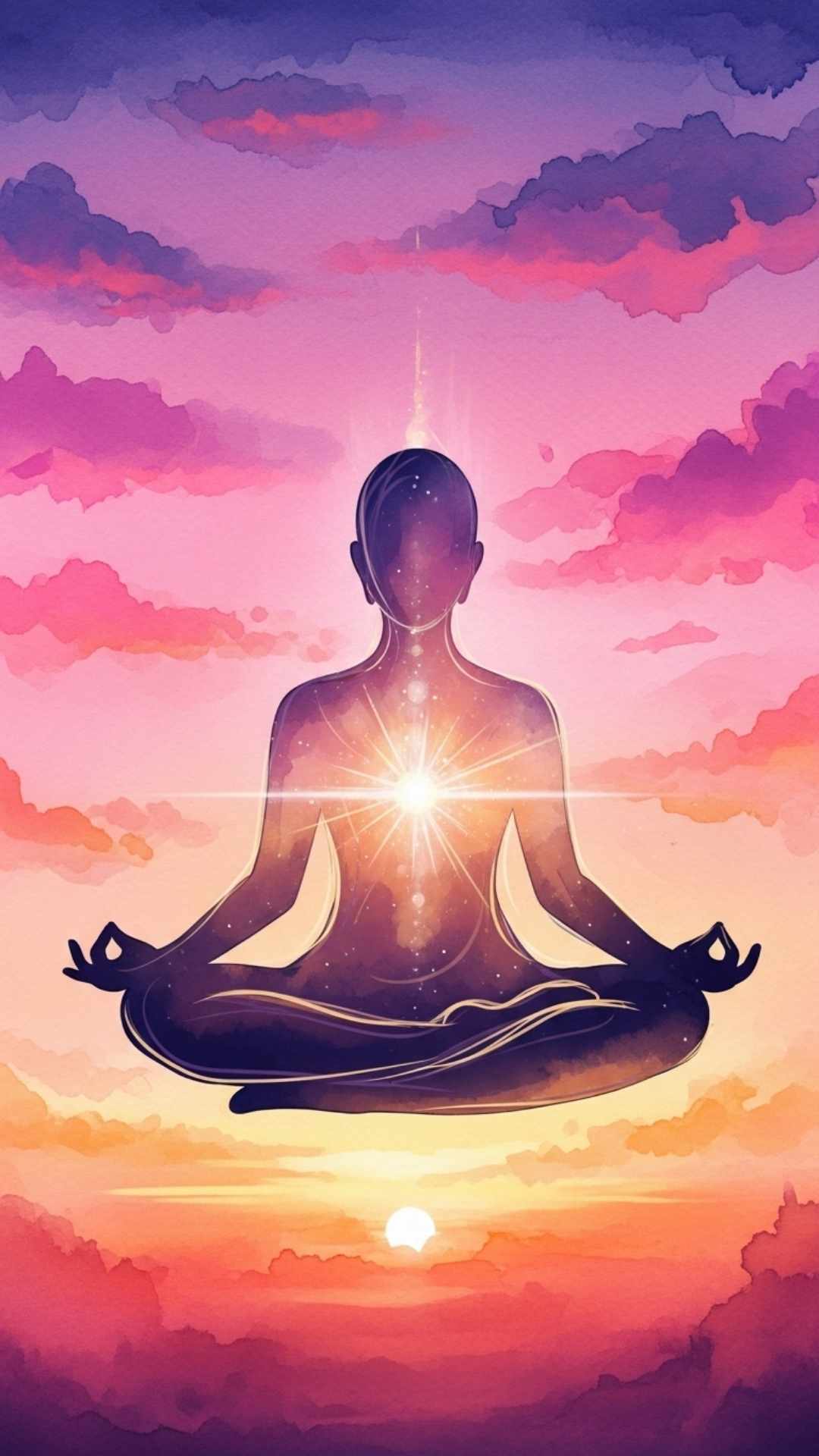 Abstract illustration of a meditating silhouette against a watercolor sunrise.