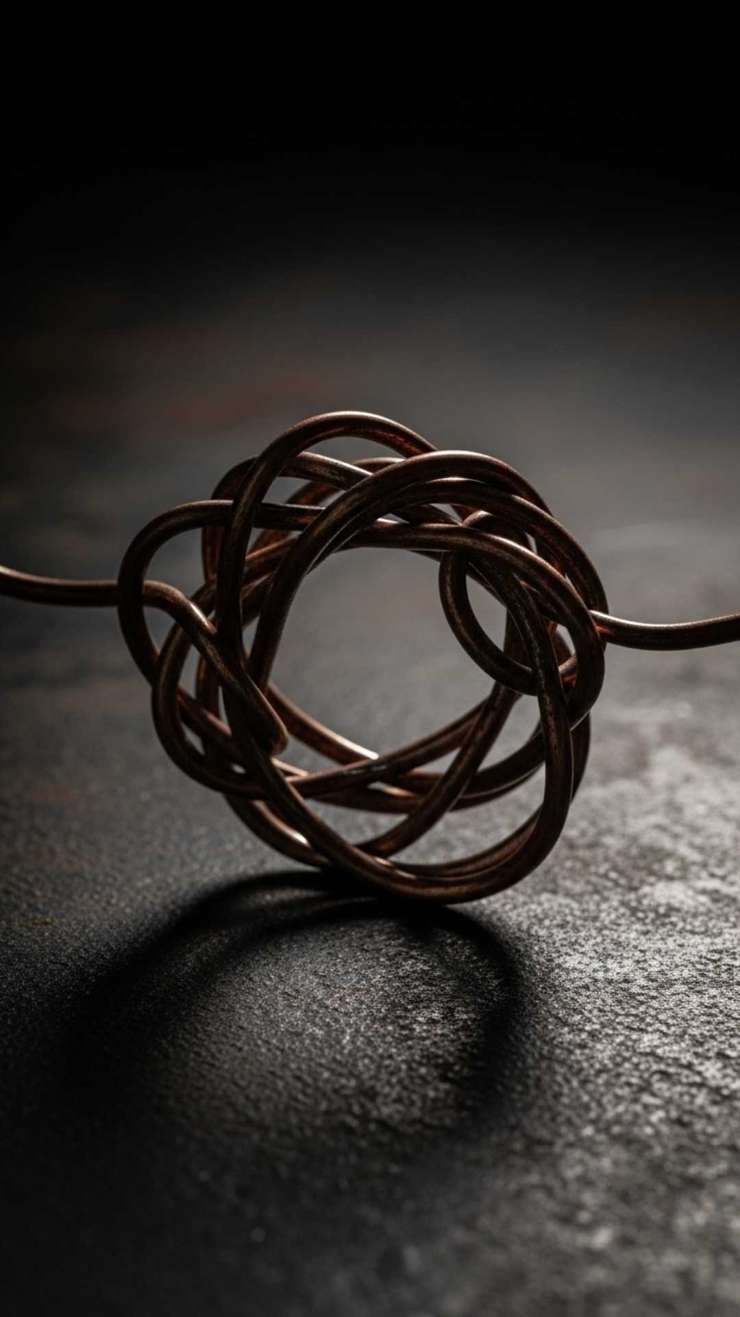 A macro photo of a single, tangled wire on a dark background. The chaotic knot symbolizes emotional turmoil and complex feelings.