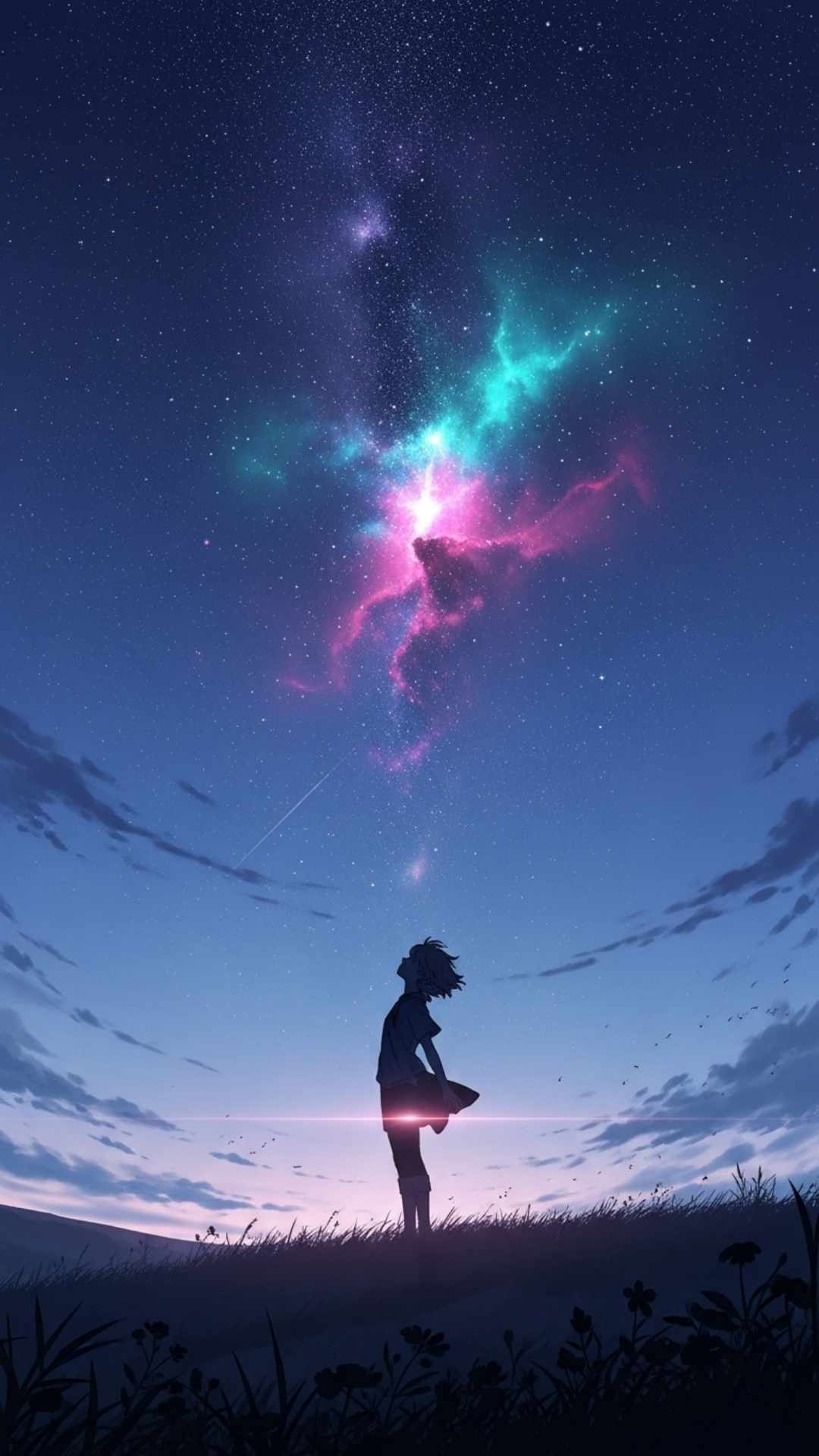 An aesthetic anime DP showing a person walking on a rainy street with neon reflections