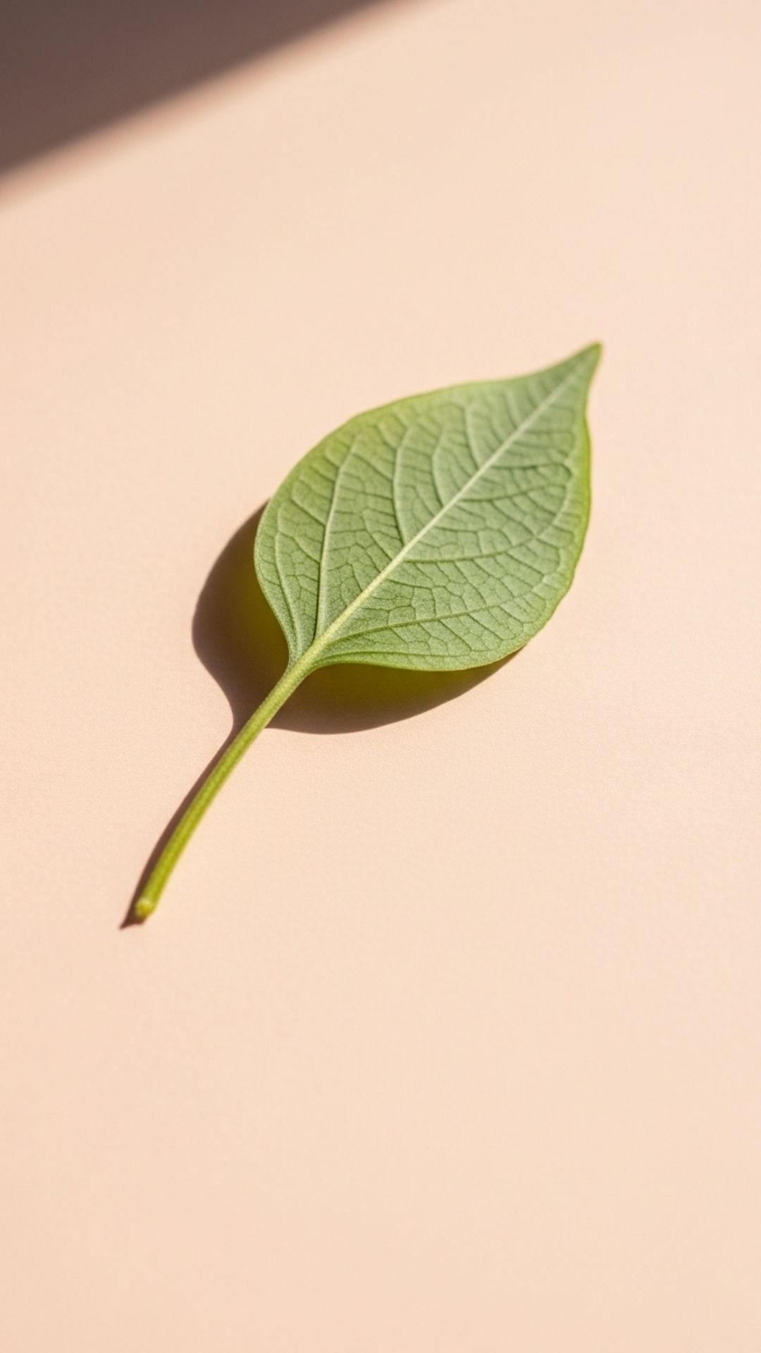 A macro photo of a delicate green leaf with subtle texture against a soft pastel background, highlighting a minimalist and peaceful aesthetic.