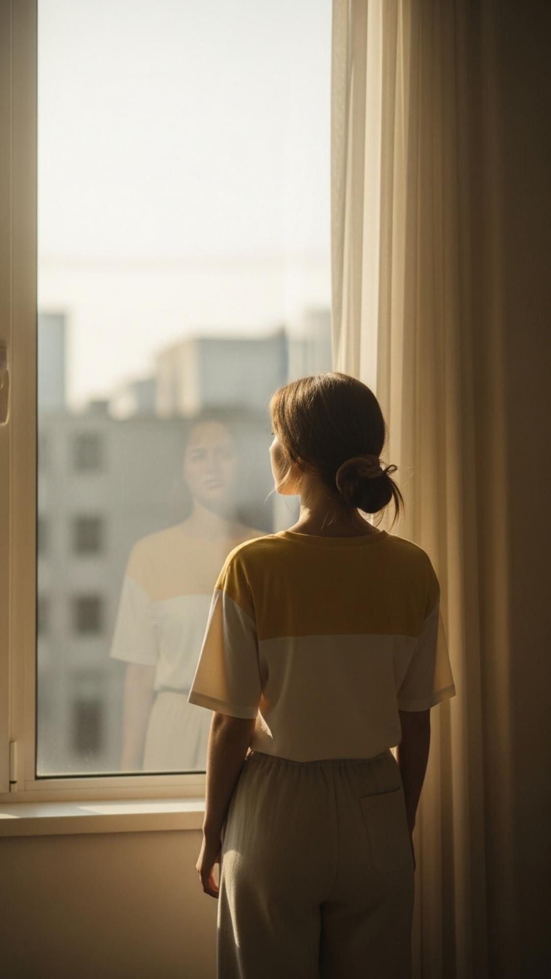 A minimalist and serene portrait of a young woman from behind, standing in a sun-drenched room and looking out a window