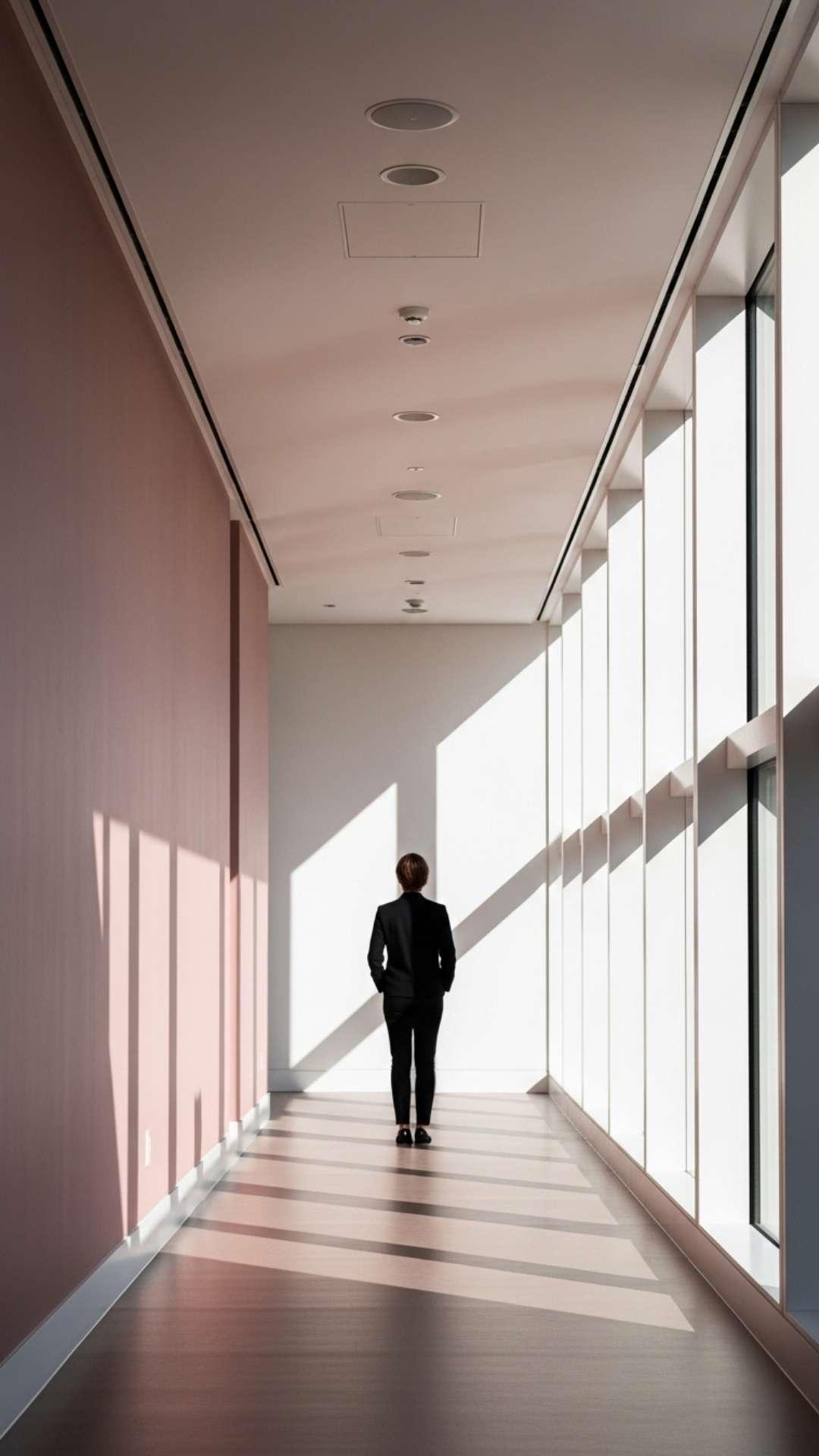 A minimalist, symmetrical portrait of a person's silhouette in a modern hallway with soft, harmonious colors.