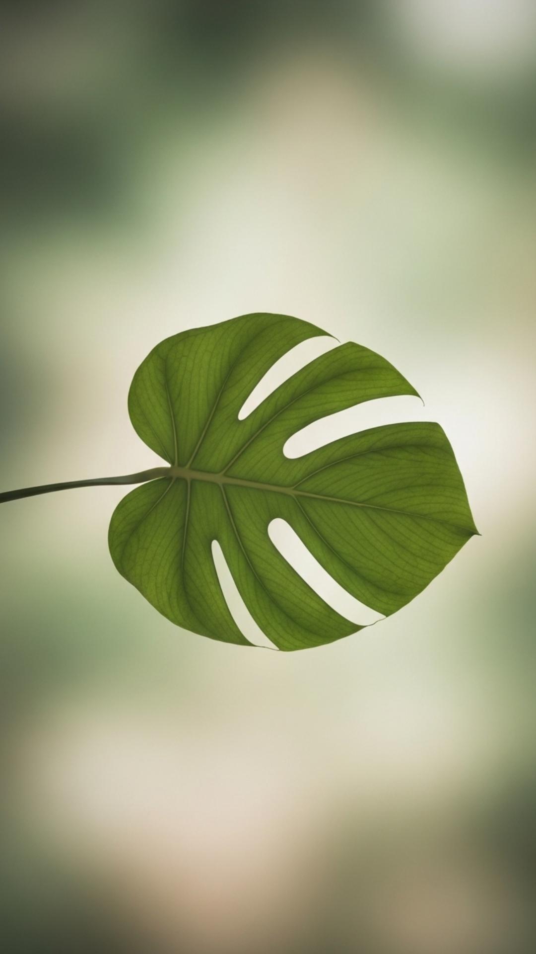 A soft-focus macro photo of a single, green monstera leaf against a blurred, muted background