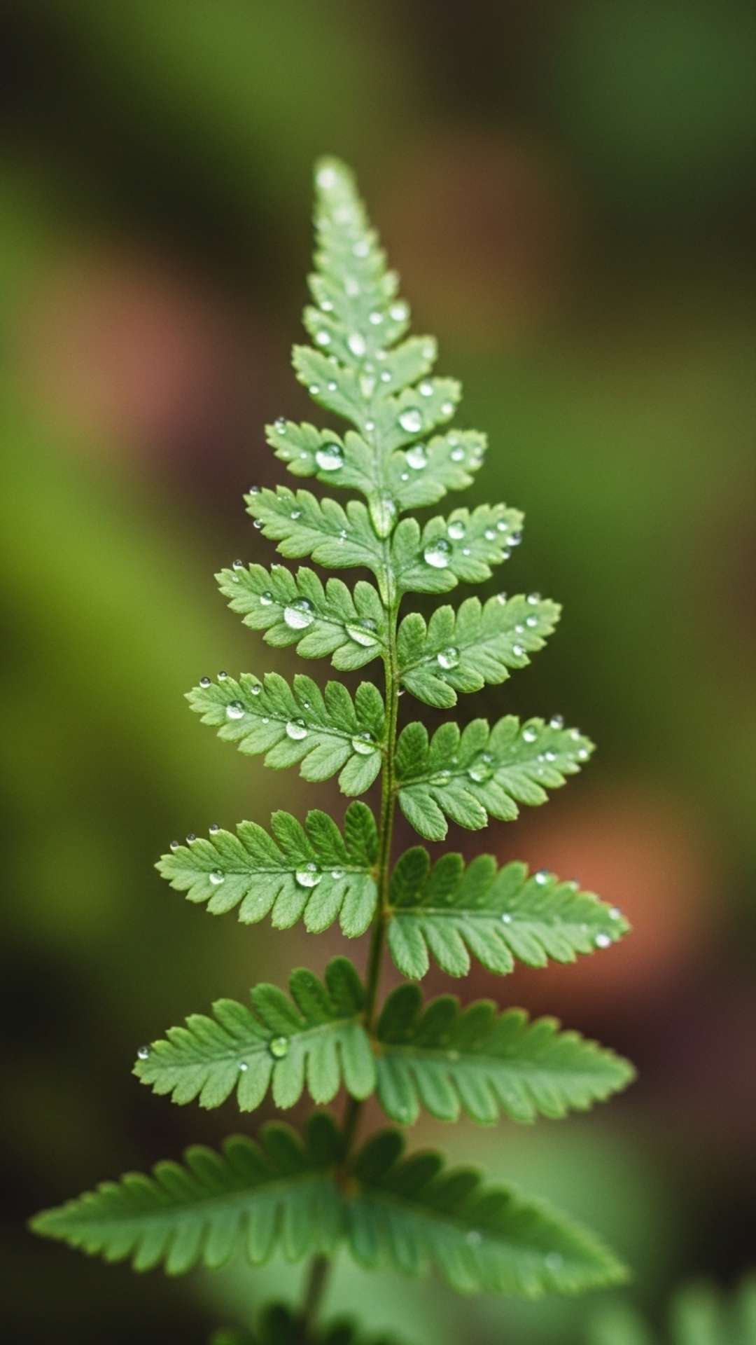 A close-up, macro shot of a vibrant green fern leaf with sparkling dewdrops and a soft, out-of-focus background.