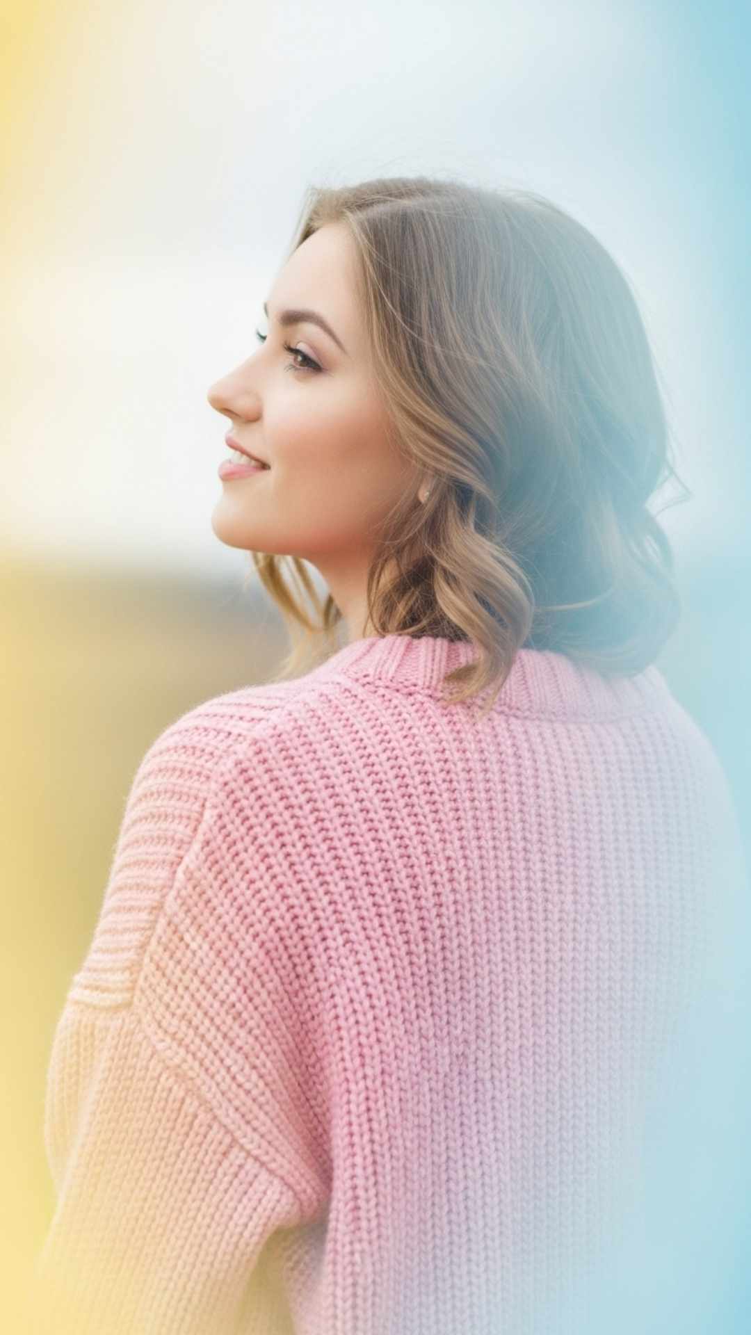 A soft-focus portrait of a young woman in a pastel pink sweater, smiling gently. The background is a dreamy mix of pastel yellow and blue.