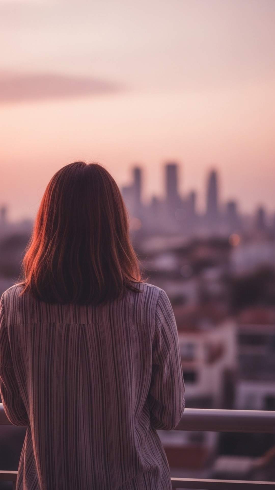 A minimalist aesthetic profile picture showing a person looking at a city skyline during a sunset with muted, harmonious colors