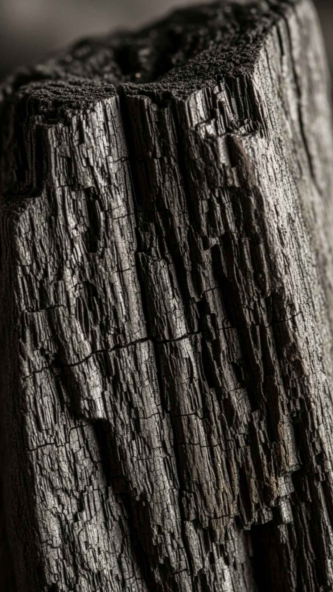 A high-texture black DP of a piece of charcoal, with subtle lighting emphasizing its raw, artistic details.