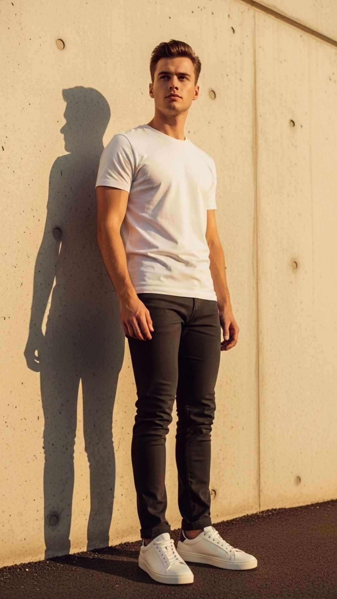 A young man in a minimalist outfit, photographed from a creative low angle against a textured concrete wall