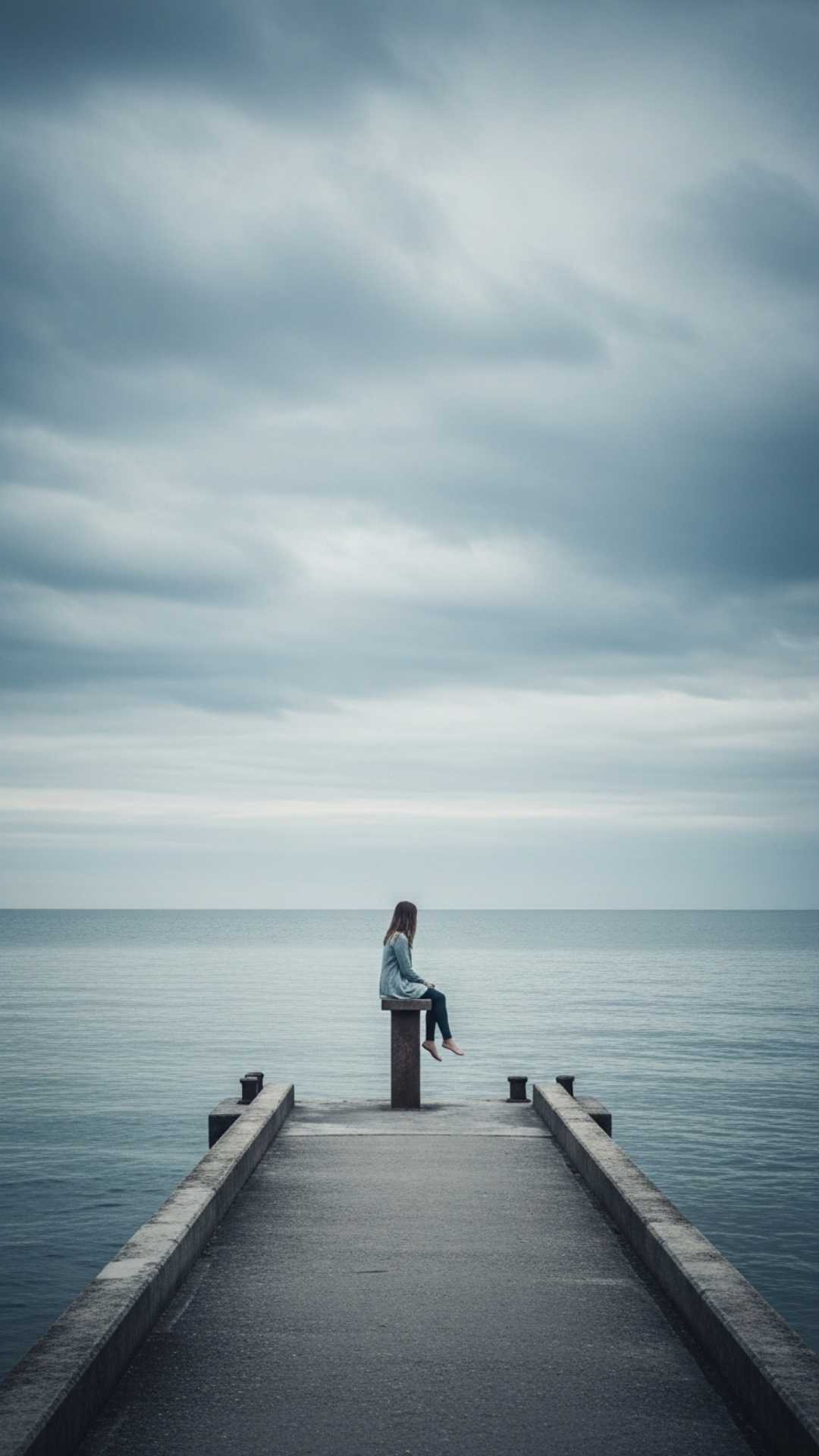 A small figure of a girl sits alone at the end of a long, empty pier, surrounded by a vast, moody sky, symbolizing profound solitude