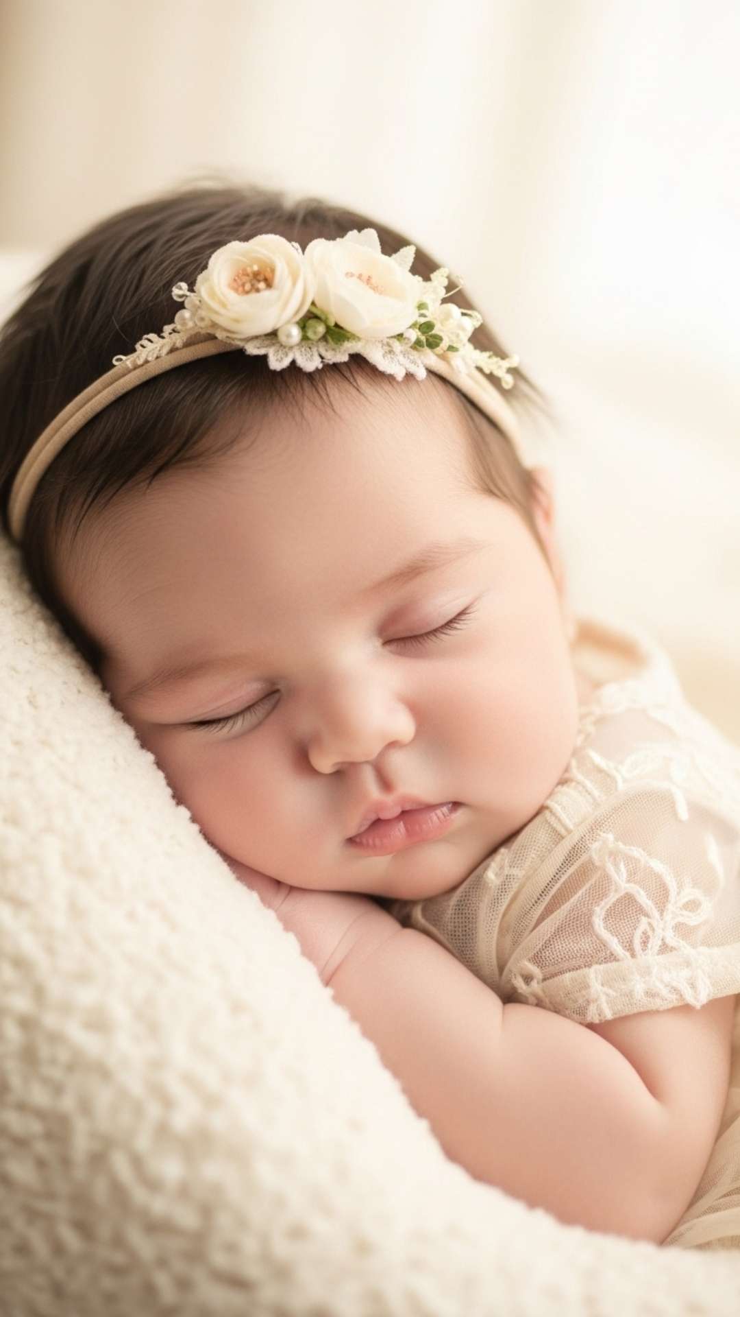 A serene, close-up photo of a baby princess peacefully sleeping, wearing a floral headpiece with soft, diffused lighting.