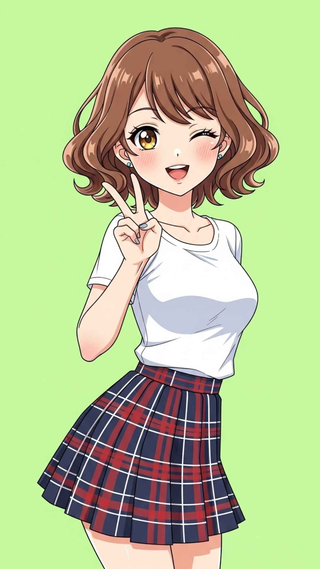 A charming anime-style illustration of a cheerful girl with brown hair, winking and giving a peace sign. The background is solid light green