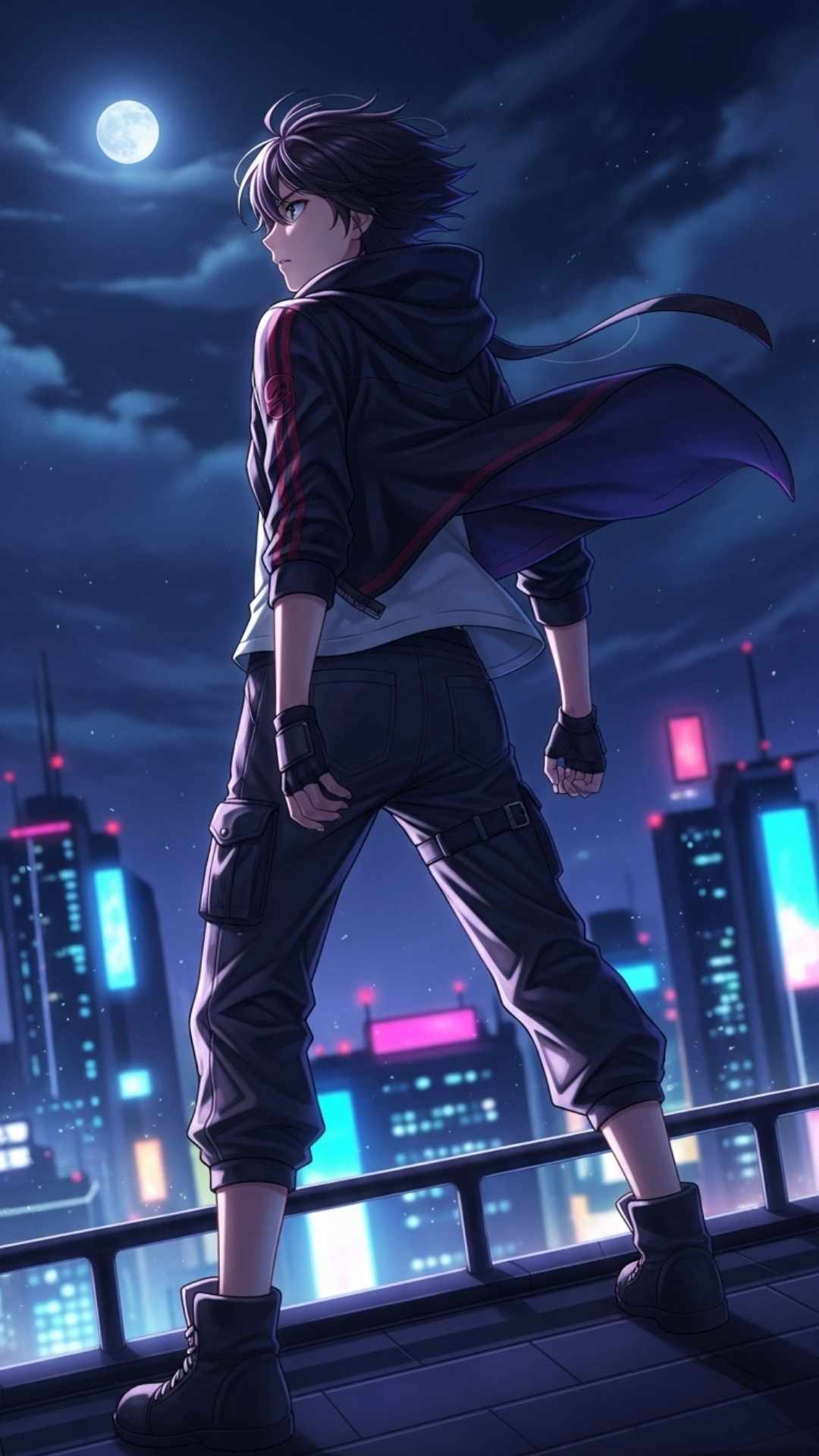A dynamic anime character on a rooftop at night, overlooking a futuristic, neon-lit city, with a cinematic and vibrant art style.