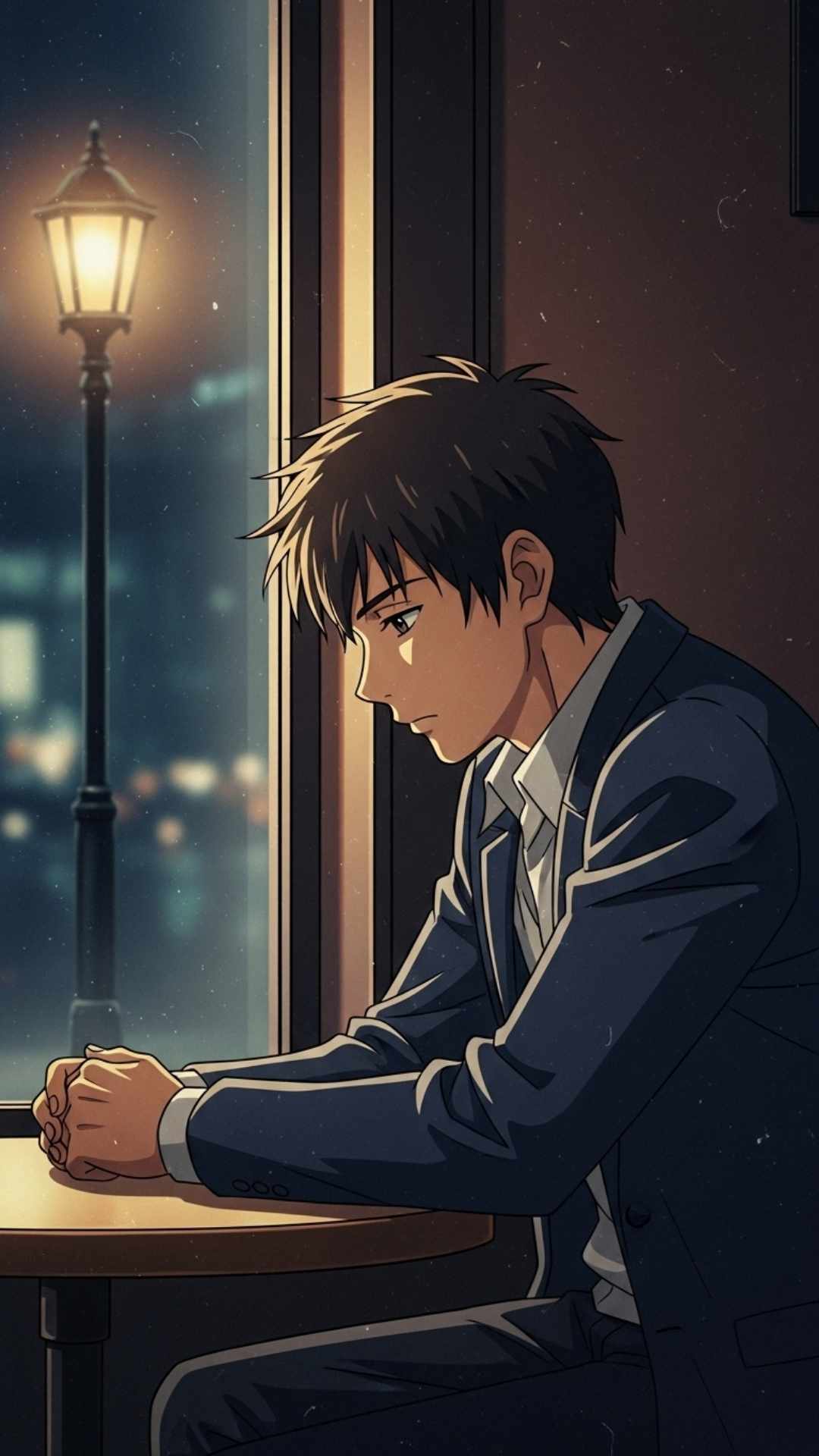 A vintage anime-style portrait of a thoughtful young man sitting in a dimly lit cafe at night, with warm light from a street lamp illuminating his face.