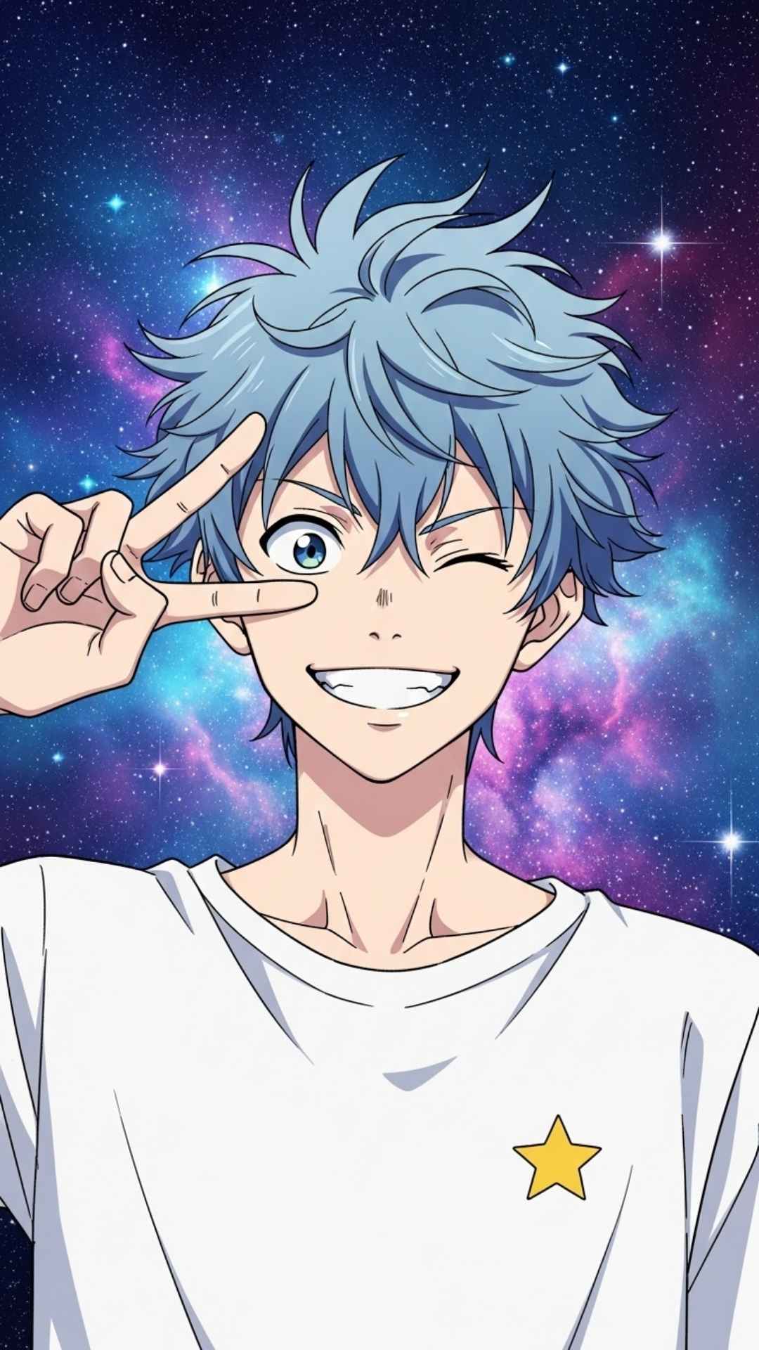 A playful male anime character with blue hair and a mischievous grin, winking against a star-filled background.