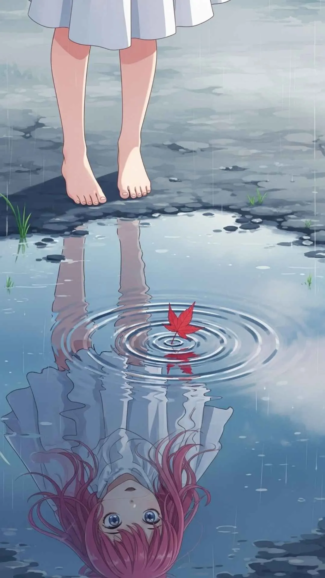 An artistic sad anime DP where ripples in a puddle form a broken heart around a character's reflection.
