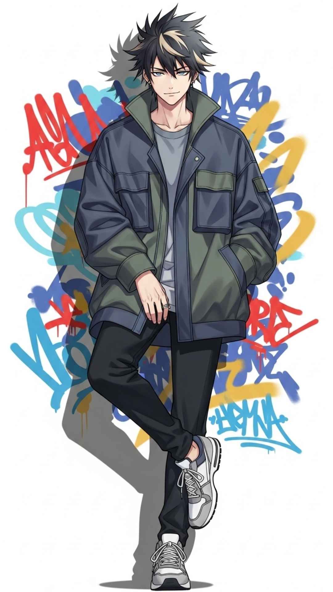 A cool and stylish male anime character with spiky hair, wearing a jacket and sneakers, leaning against a graffiti wall.