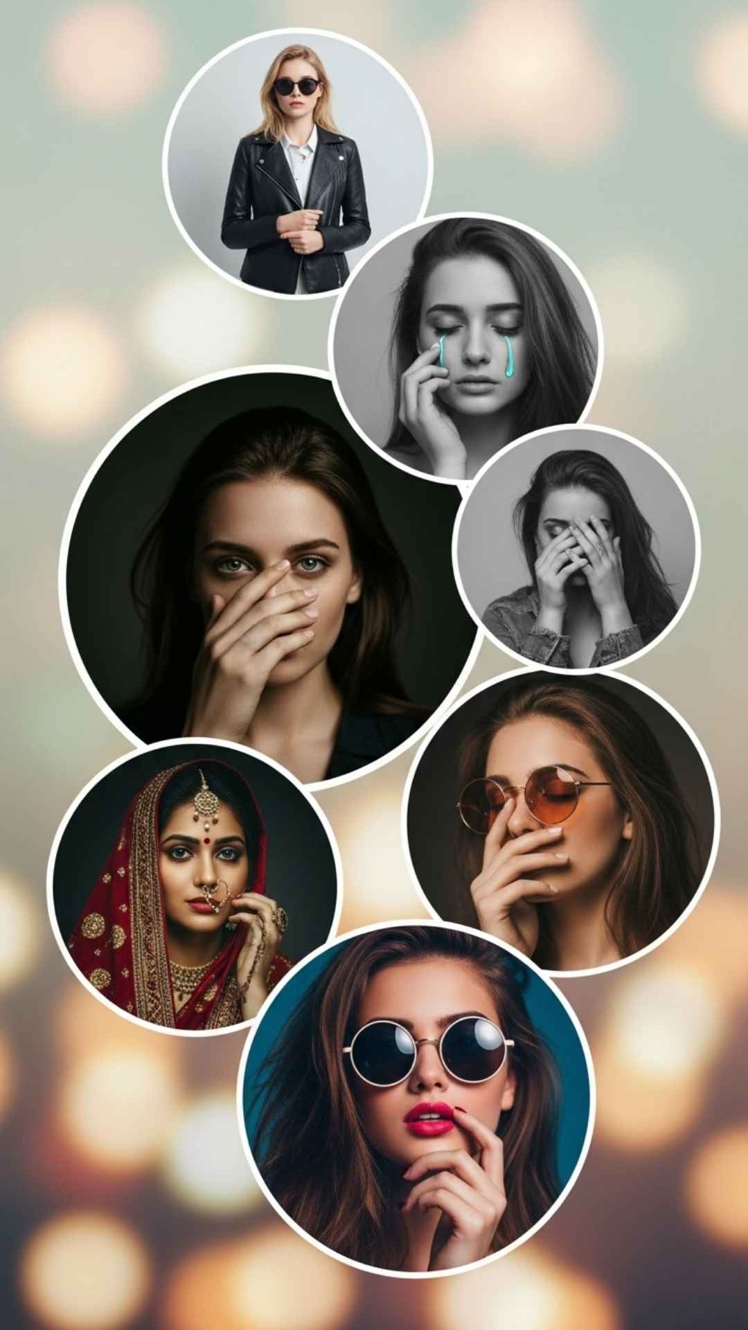 An artistic mood board-style collage of layered and overlapping circular profile pictures in various styles like stylish, sad, traditional, and attitude.