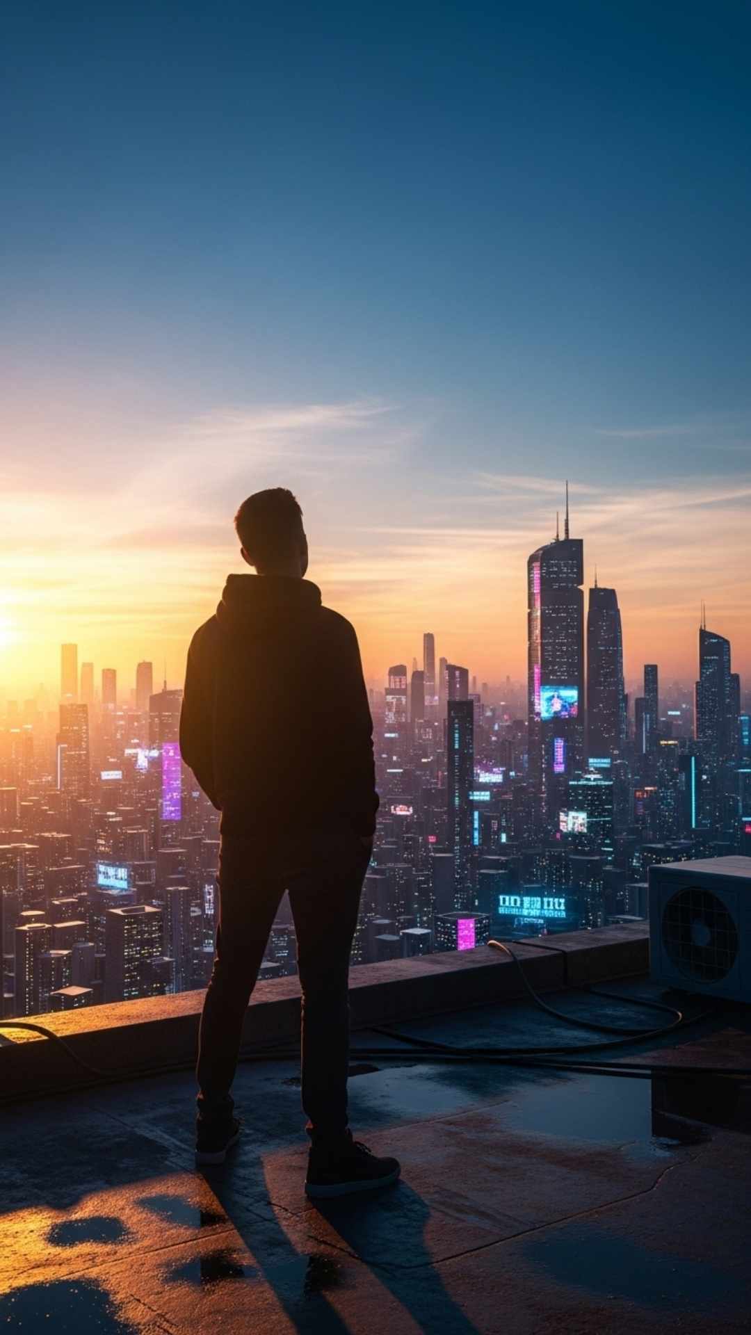 Silhouette of a person overlooking a futuristic cityscape at sunset, symbolizing a confident personal statement in the digital world