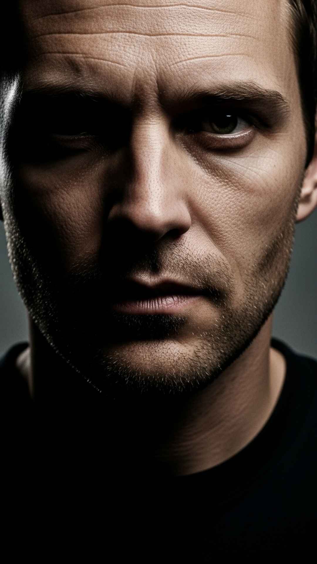 A high-contrast, dramatic close-up portrait of a man's face, with strong lighting and shadows emphasizing a confident and intense expression.