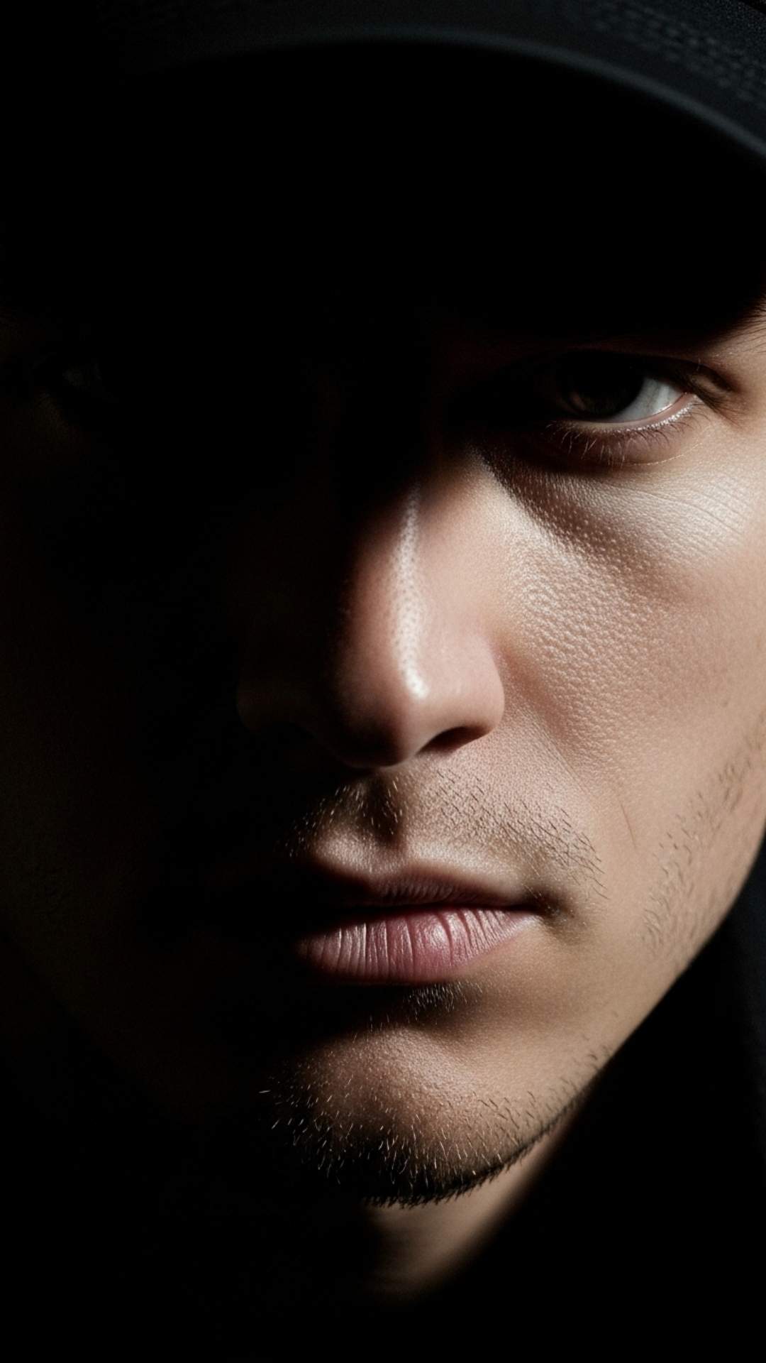 High-contrast portrait showing only the lower face and a powerful gaze, conveying a mysterious and determined attitude.