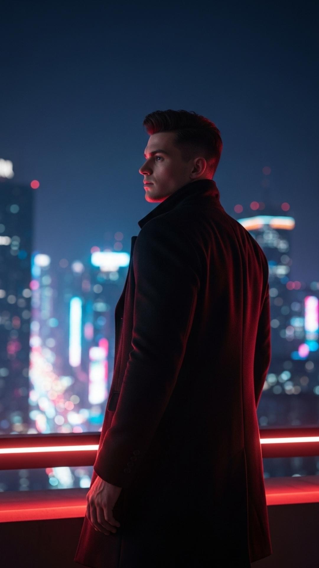 A cinematic, low-angle shot of a young man in a black coat standing on a rooftop, with a determined expression, overlooking a futuristic city at night.