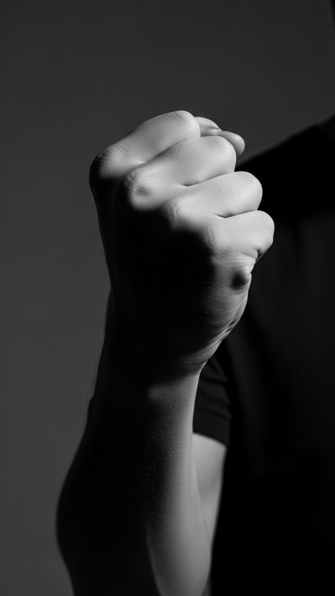 A minimalist, monochromatic portrait showing a young man's clenched fist in dramatic light, symbolizing strength and determination without revealing his face.
