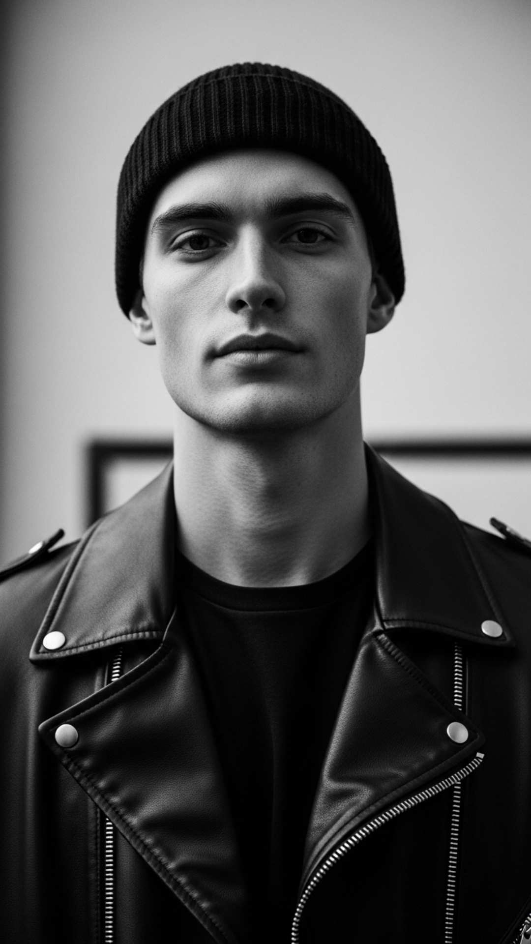 A high-contrast, black-and-white portrait of a strong-looking man with a calm but firm gaze in a minimalist industrial setting.