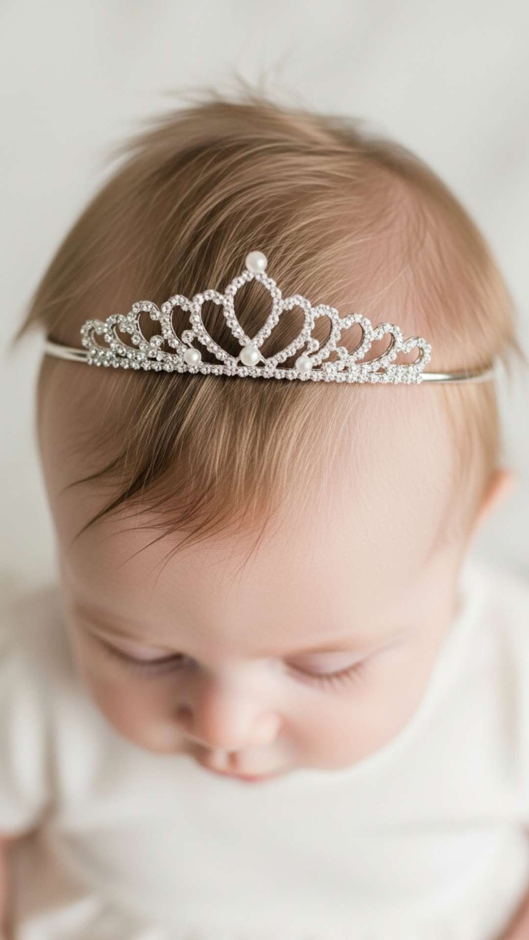 A close-up photo of a baby's head with soft hair and a simple pearl tiara, captured with gentle, natural lighting.